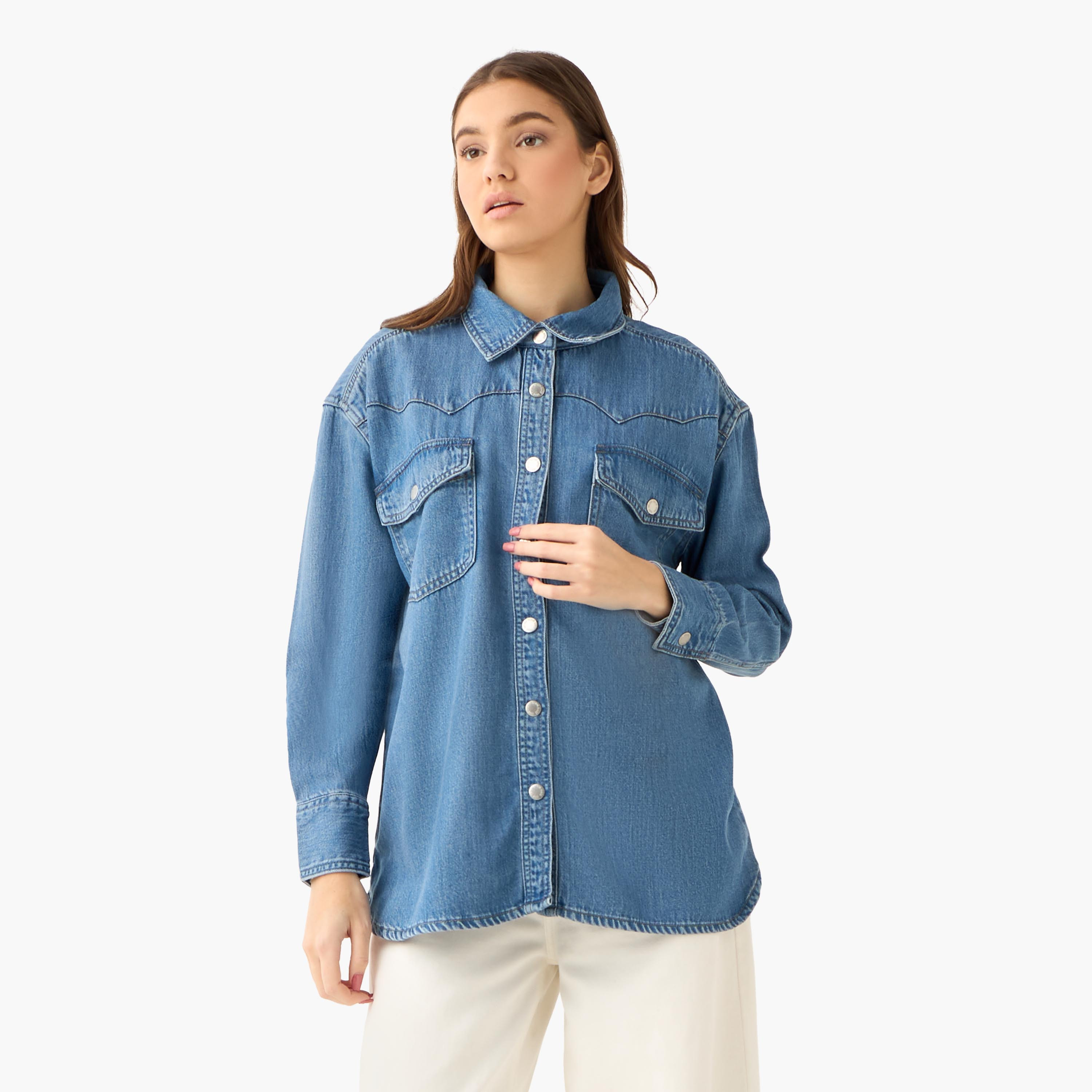 Oversized Cotton Denim Shirt with Chest Pockets-women-clothing-shirtsandblouses-shirts-image-3