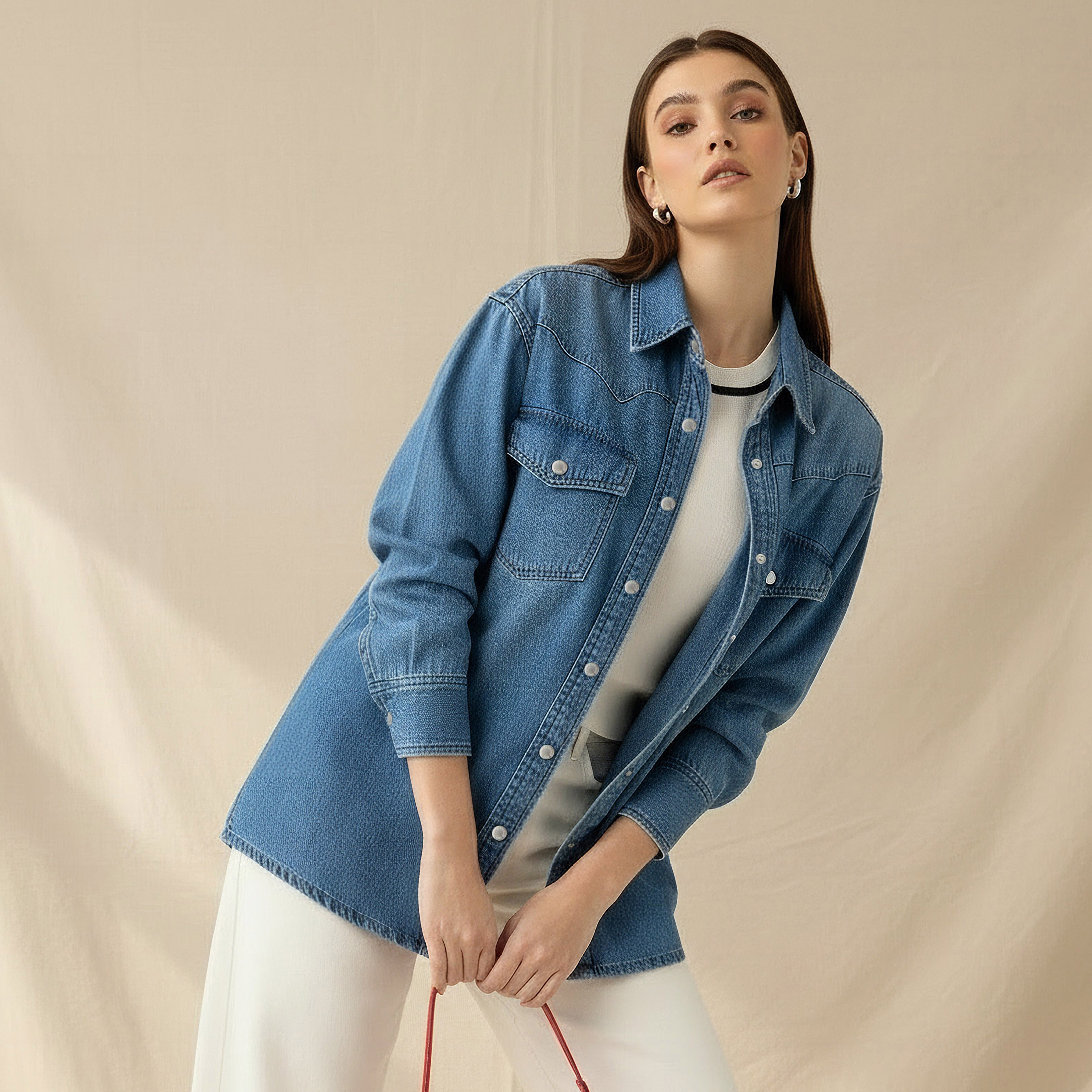 Oversized Cotton Denim Shirt with Chest Pockets-women-clothing-shirtsandblouses-shirts-image-1