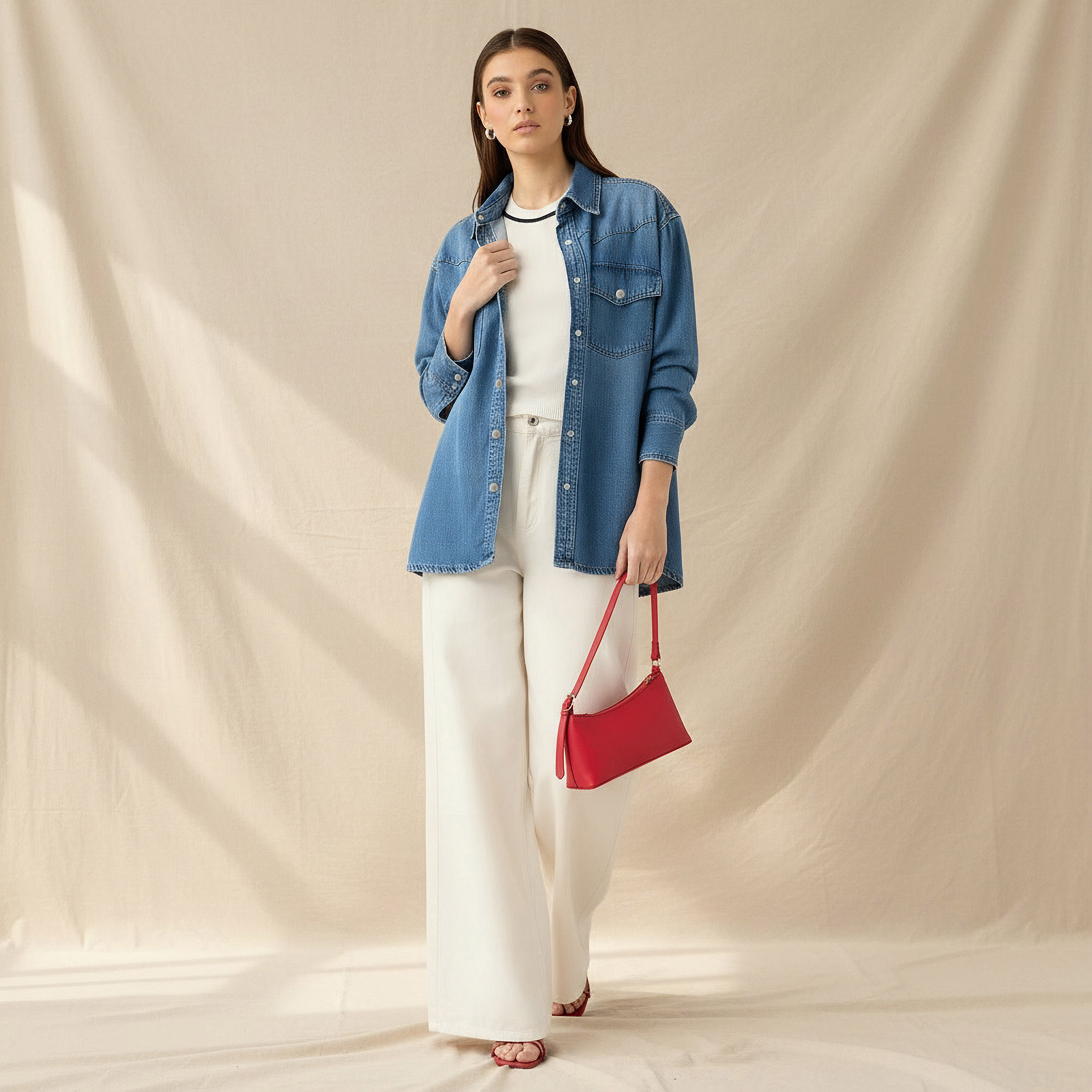 Oversized Cotton Denim Shirt with Chest Pockets-women-clothing-shirtsandblouses-shirts-image-2