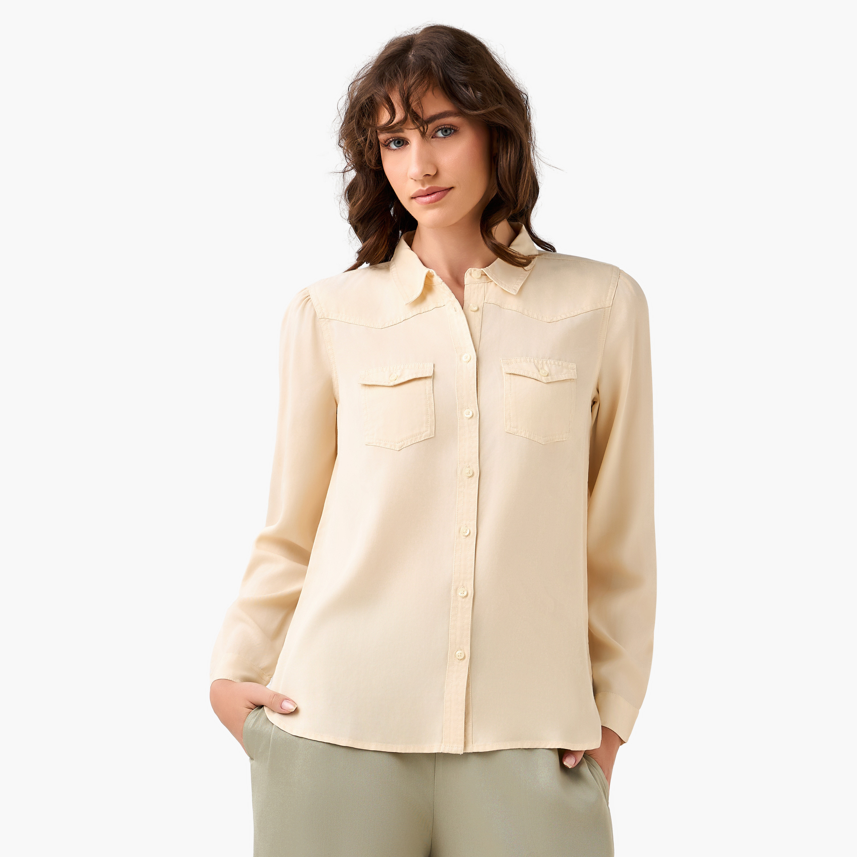 Regular Fit Lyocell Denim Shirt with Pockets-women-clothing-shirtsandblouses-shirts-image-2