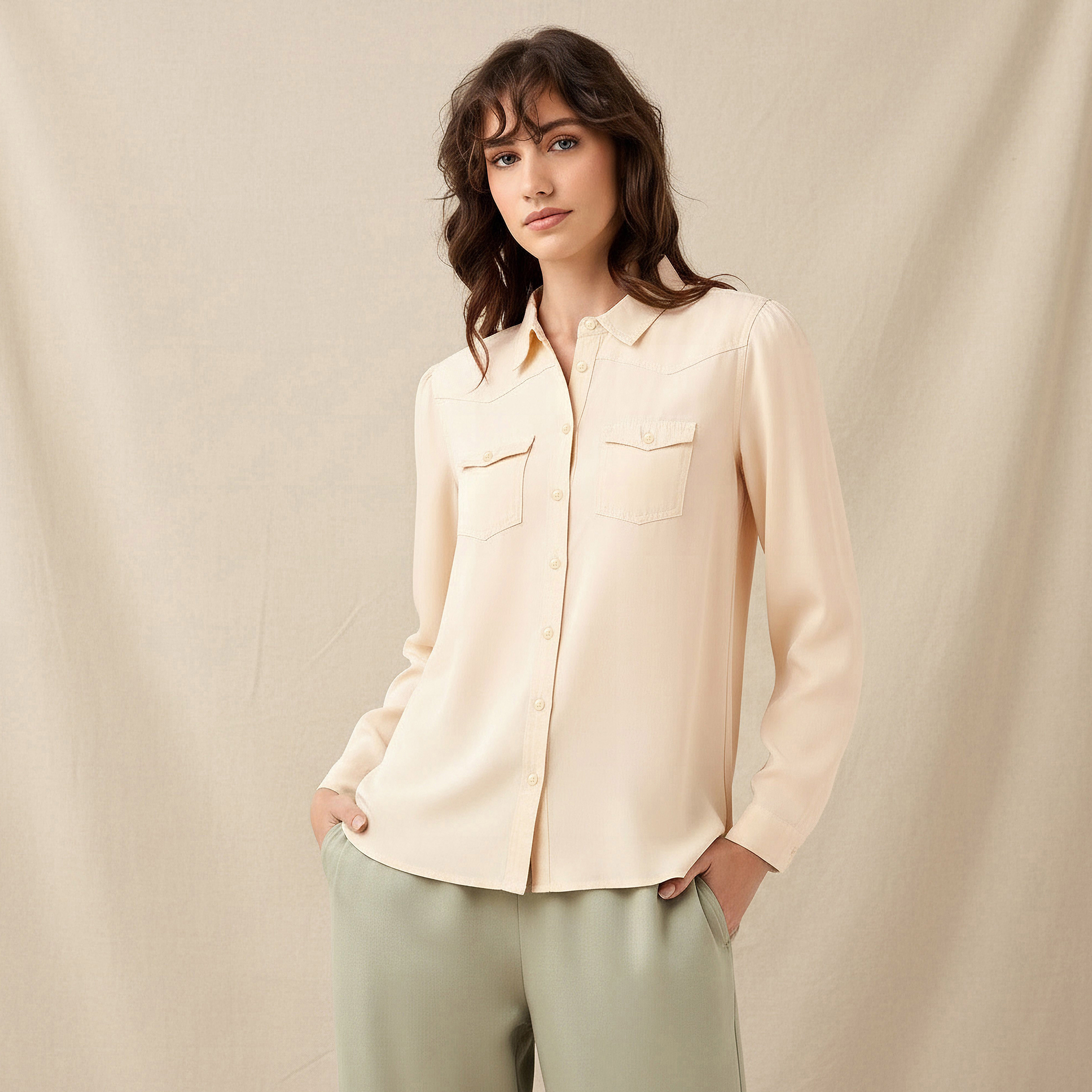Regular Fit Lyocell Denim Shirt with Pockets-women-clothing-shirtsandblouses-shirts-image-1