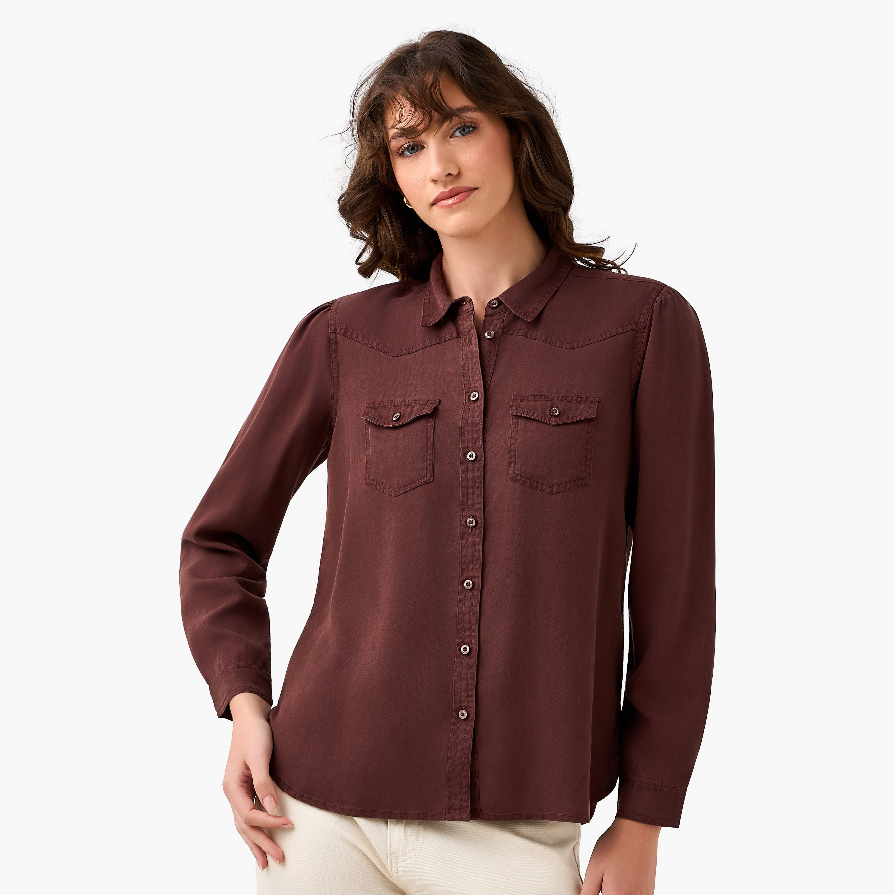 Regular Fit Lyocell Denim Shirt with Pockets-women-clothing-shirtsandblouses-shirts-image-2