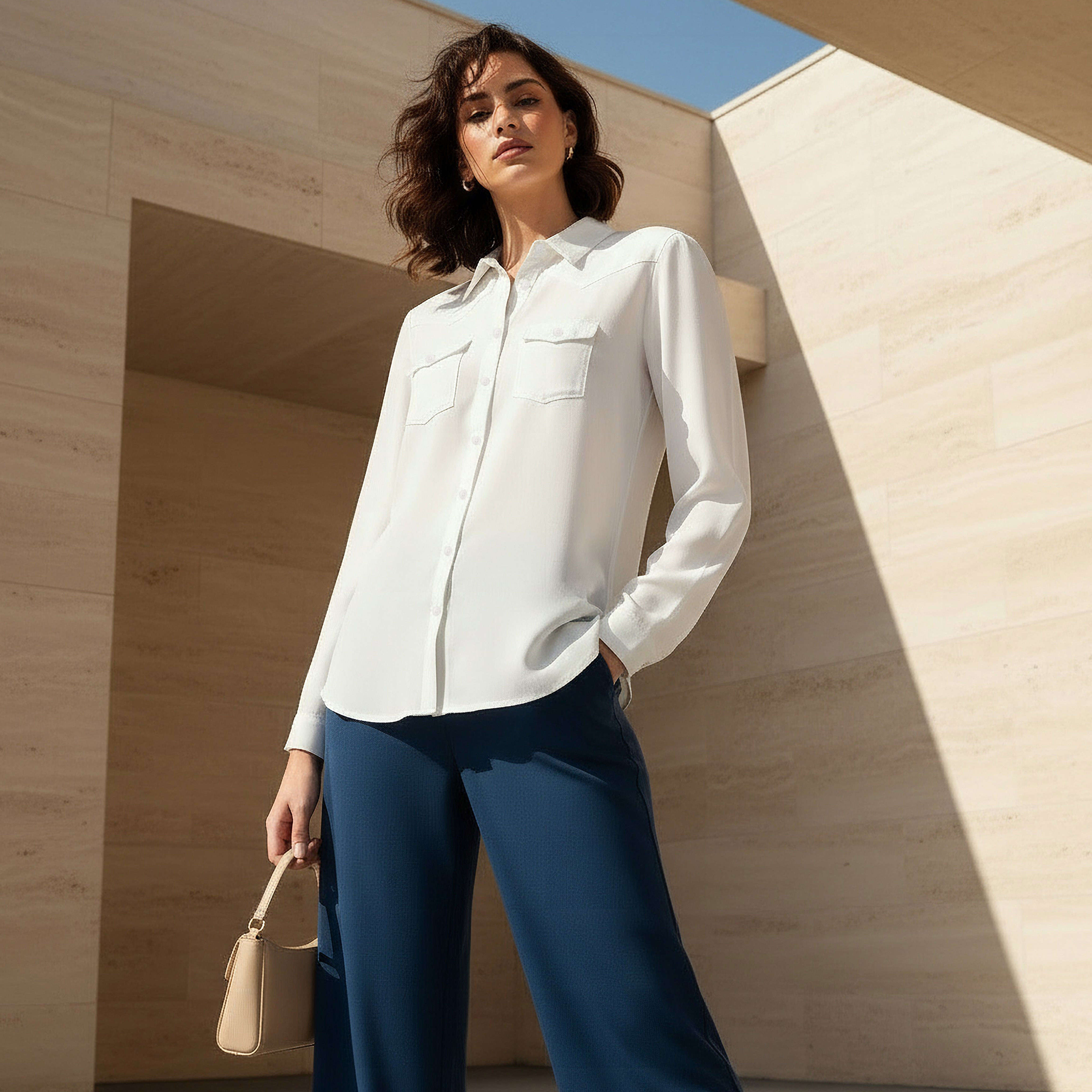 Regular Fit Lyocell Denim Shirt with Pockets-women-clothing-shirtsandblouses-shirts-image-1