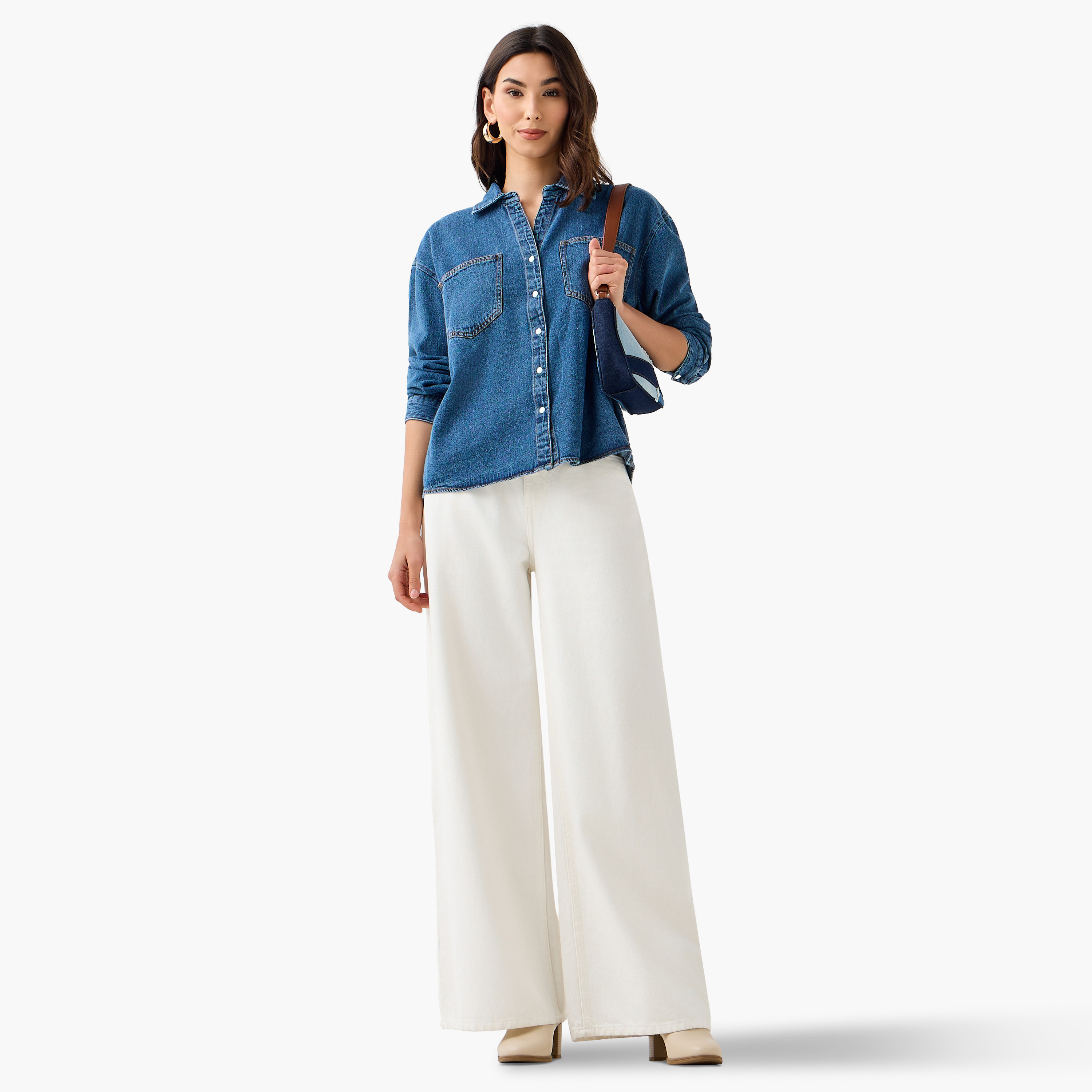 Oversized Fit Cotton Denim Shirt with Pocket-women-clothing-shirtsandblouses-shirts-image-2