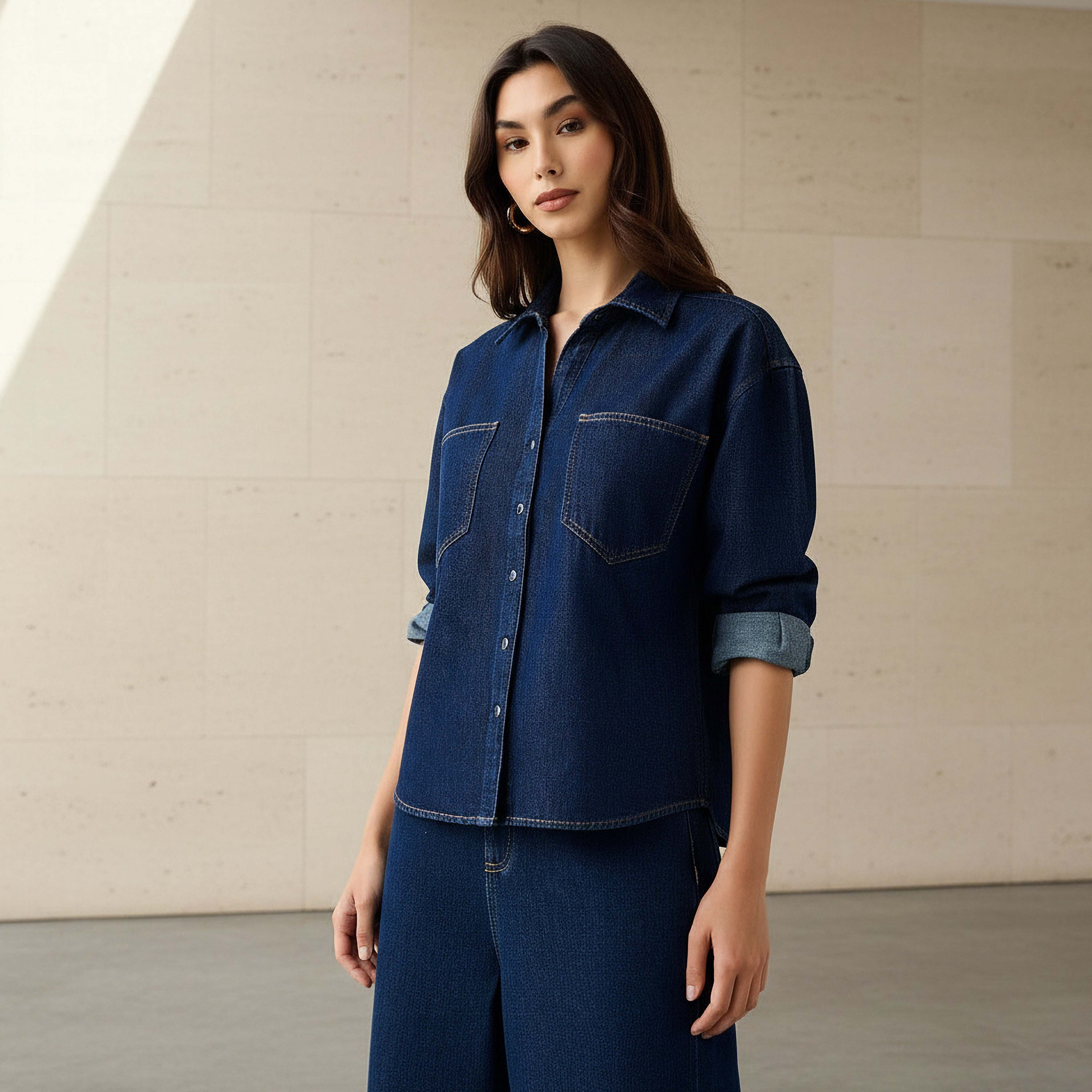 قميص دينم قطن بقصة واسعة وجيوب-women-clothing-shirtsandblouses-shirts-image-1