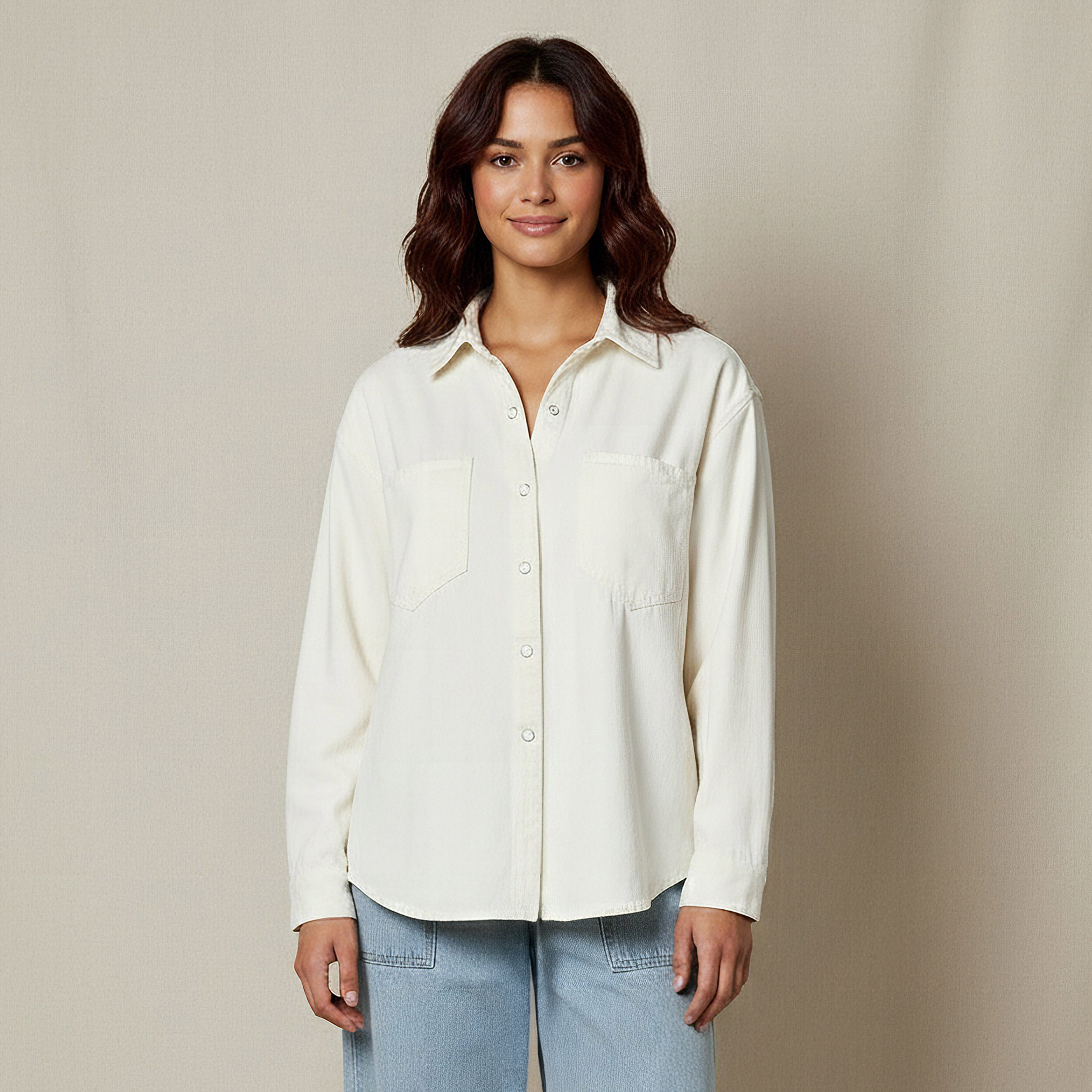 Oversized Fit Cotton Denim Shirt with Pocket-women-clothing-shirtsandblouses-shirts-image-1