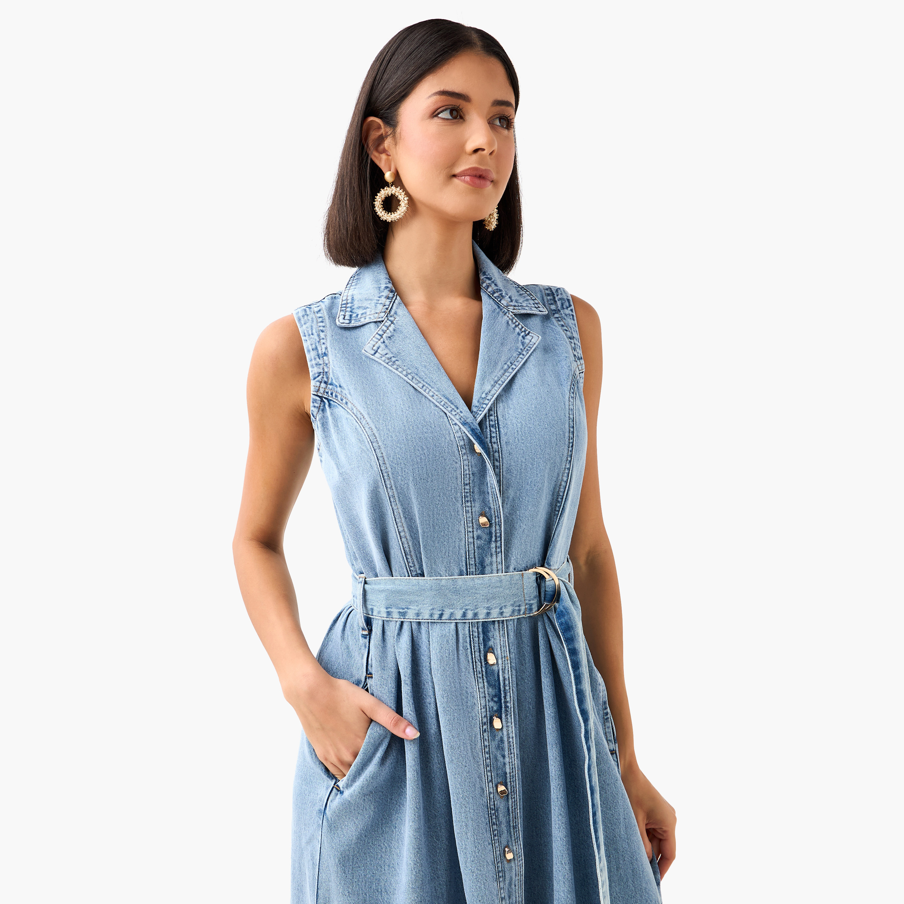 Denim Party Resort Shirt Dress With Belt-women-clothing-dresses-image-5