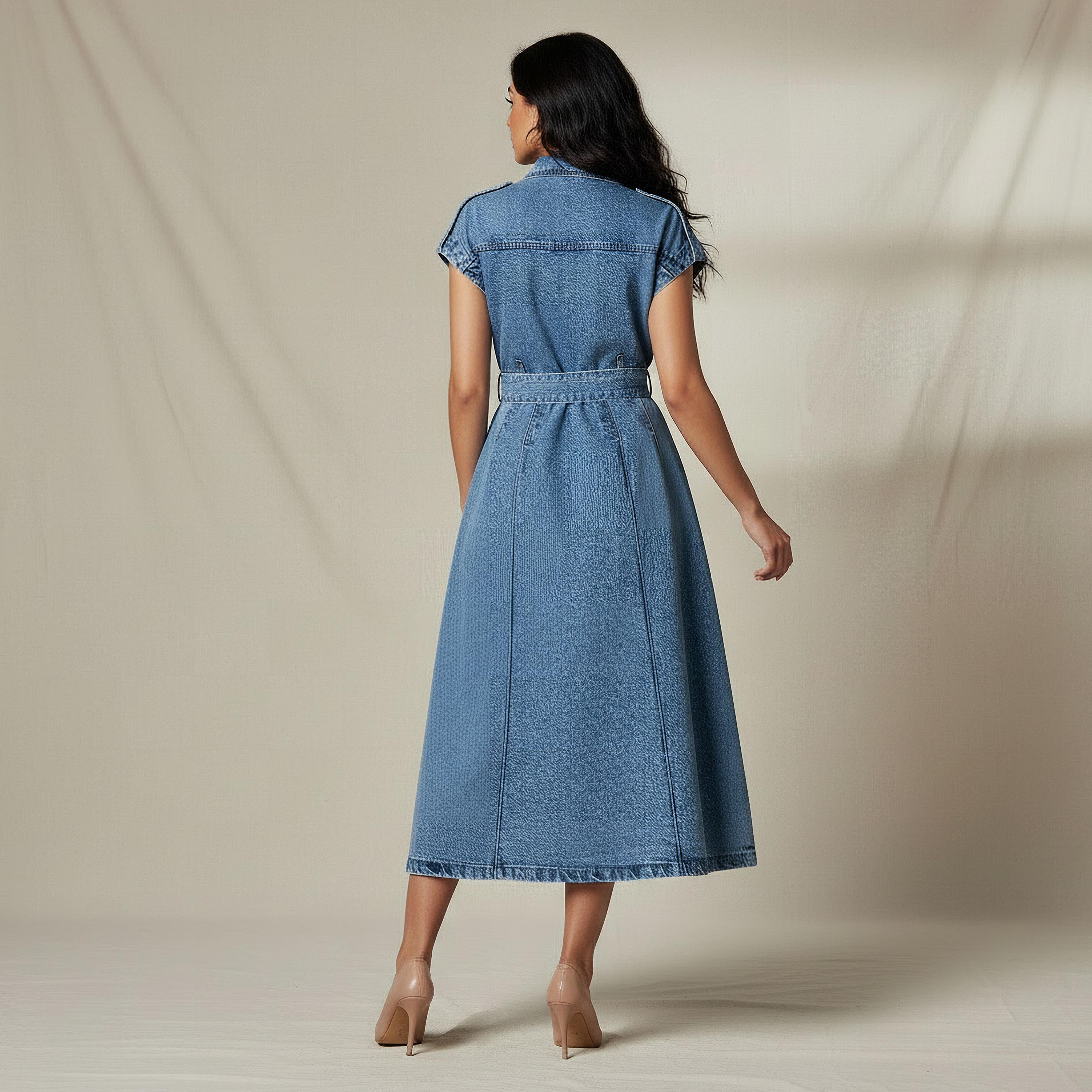 فستان قميص ميدي قطن دنيم بحزام-women-clothing-dresses-image-3