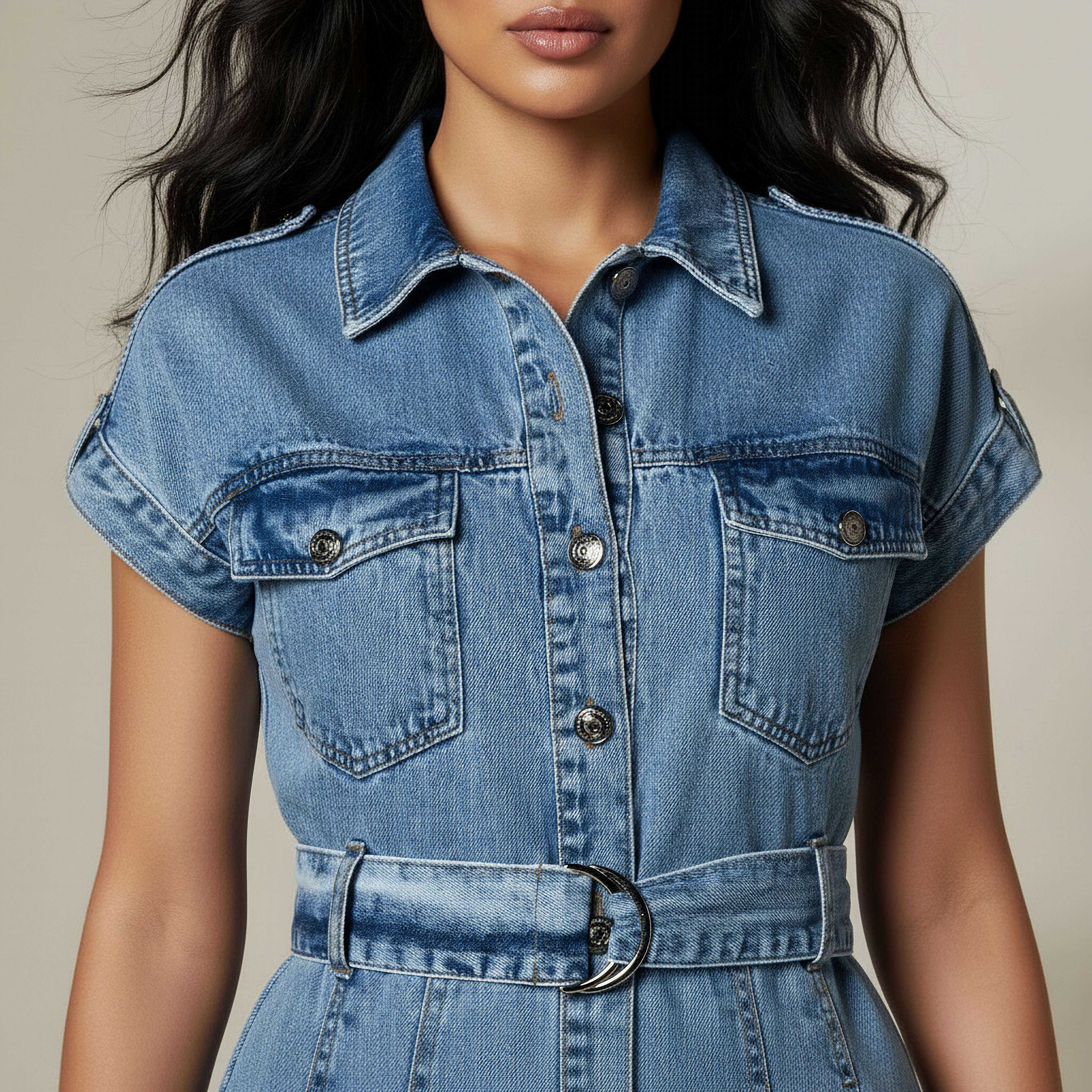 فستان قميص ميدي قطن دنيم بحزام-women-clothing-dresses-image-4