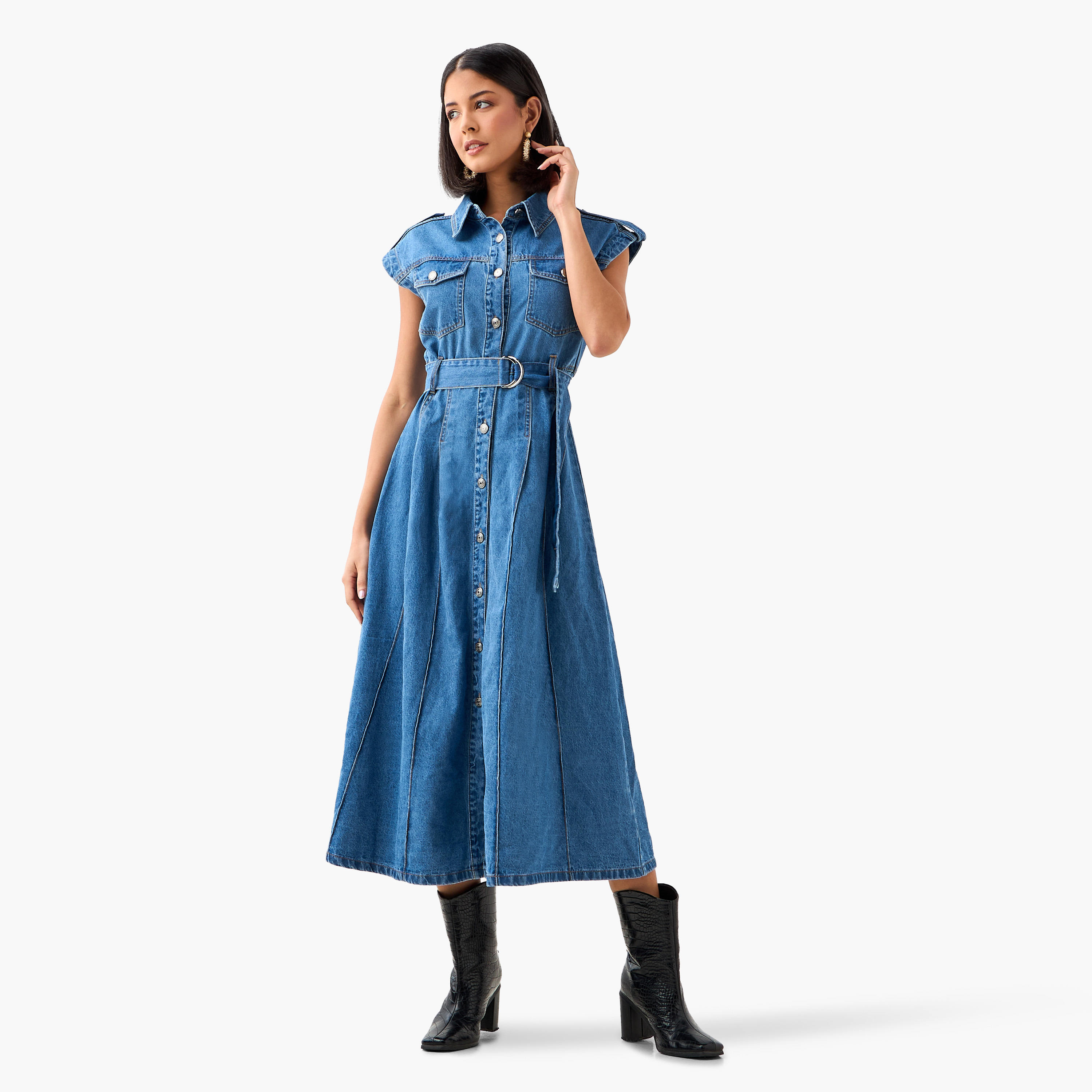 Shirt Midi Cotton Denim Dress with Belt-women-clothing-dresses-image-3