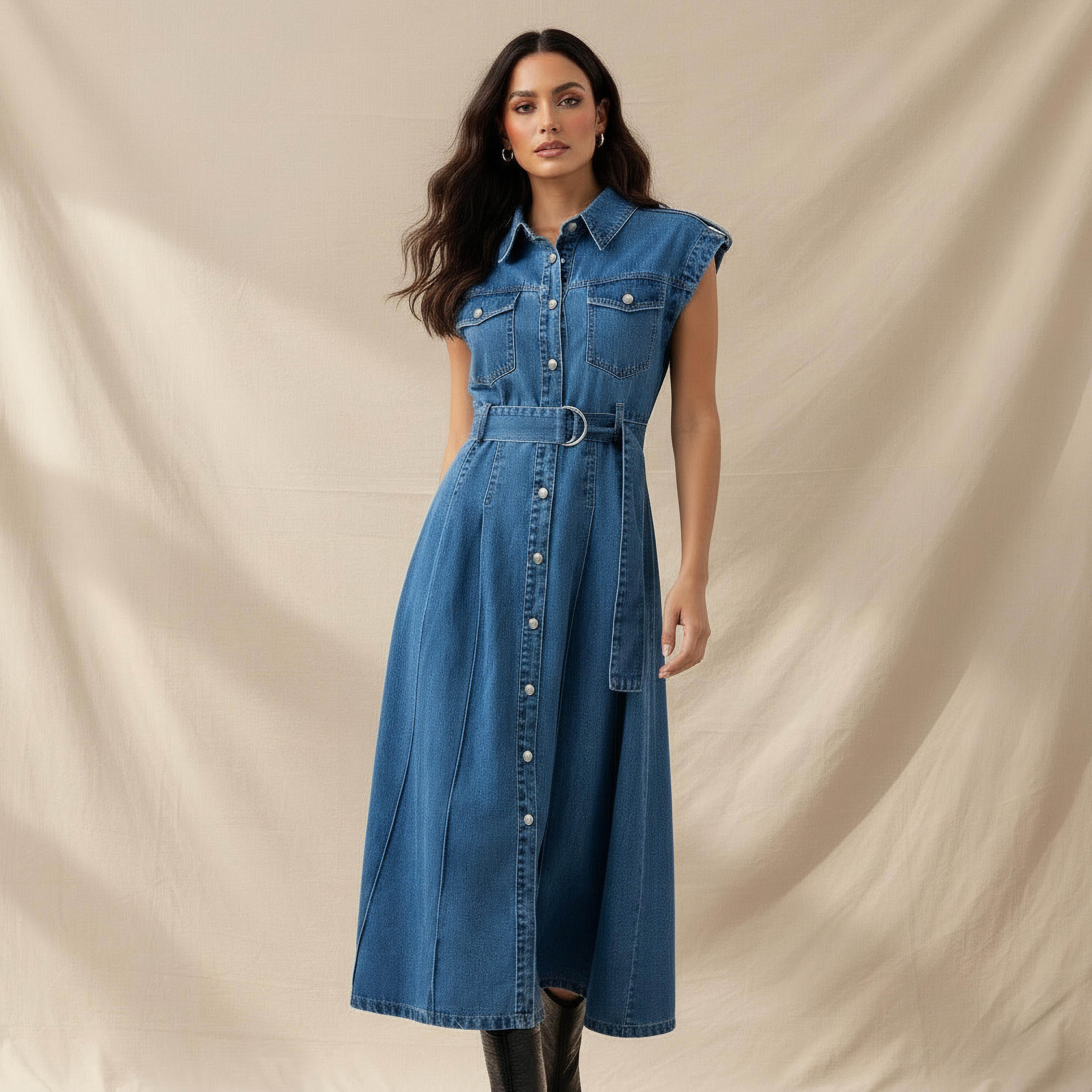 Shirt Midi Cotton Denim Dress with Belt-women-clothing-dresses-image-2