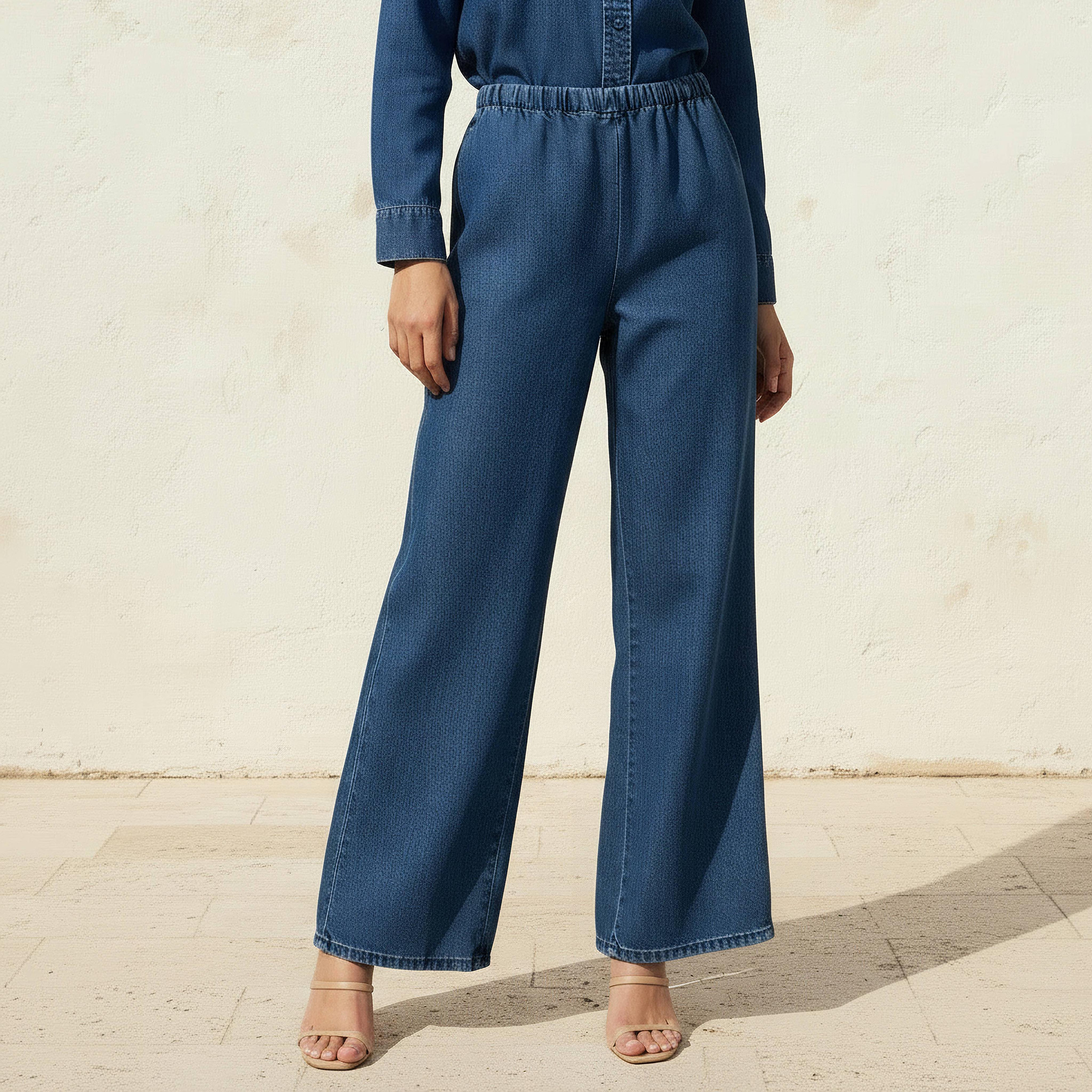 Wide Leg Mid Rise Jeans with Elasticated Waistband-women-clothing-bottoms-jeans-image-1