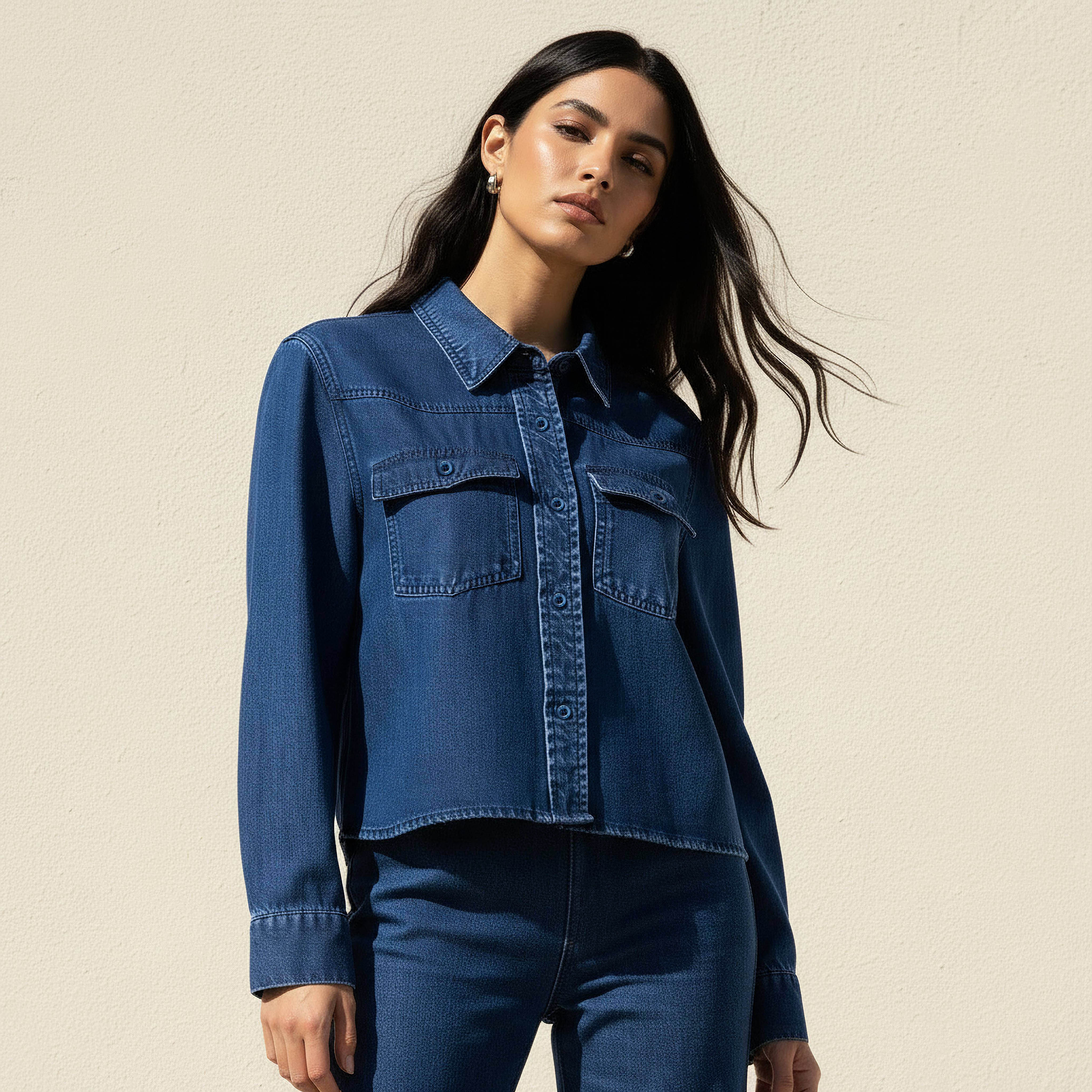 Lyocell Crop Denim Shirt with Pockets-women-clothing-shirtsandblouses-shirts-image-1