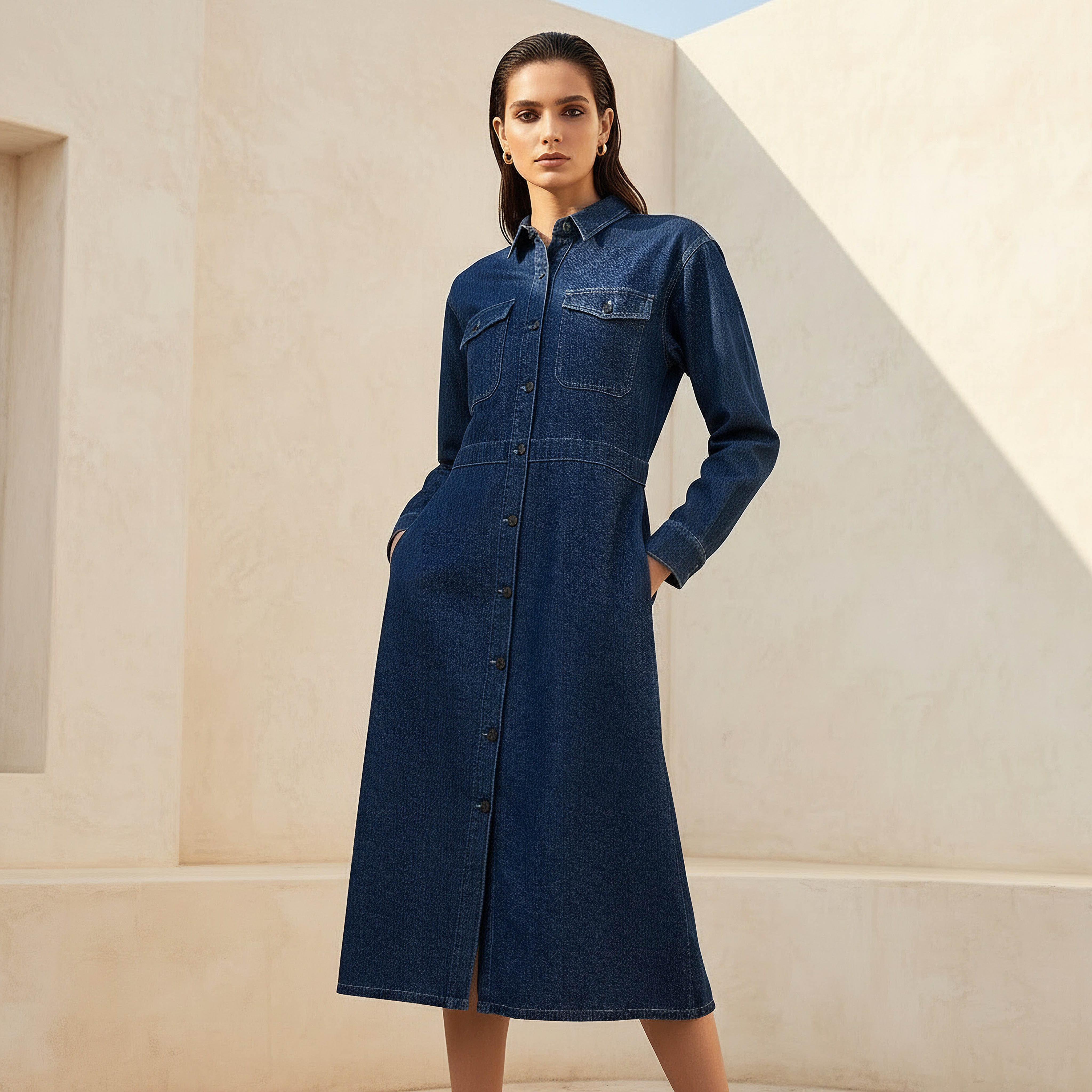 Midi Denim Shirt Dress-women-clothing-dresses-image-1