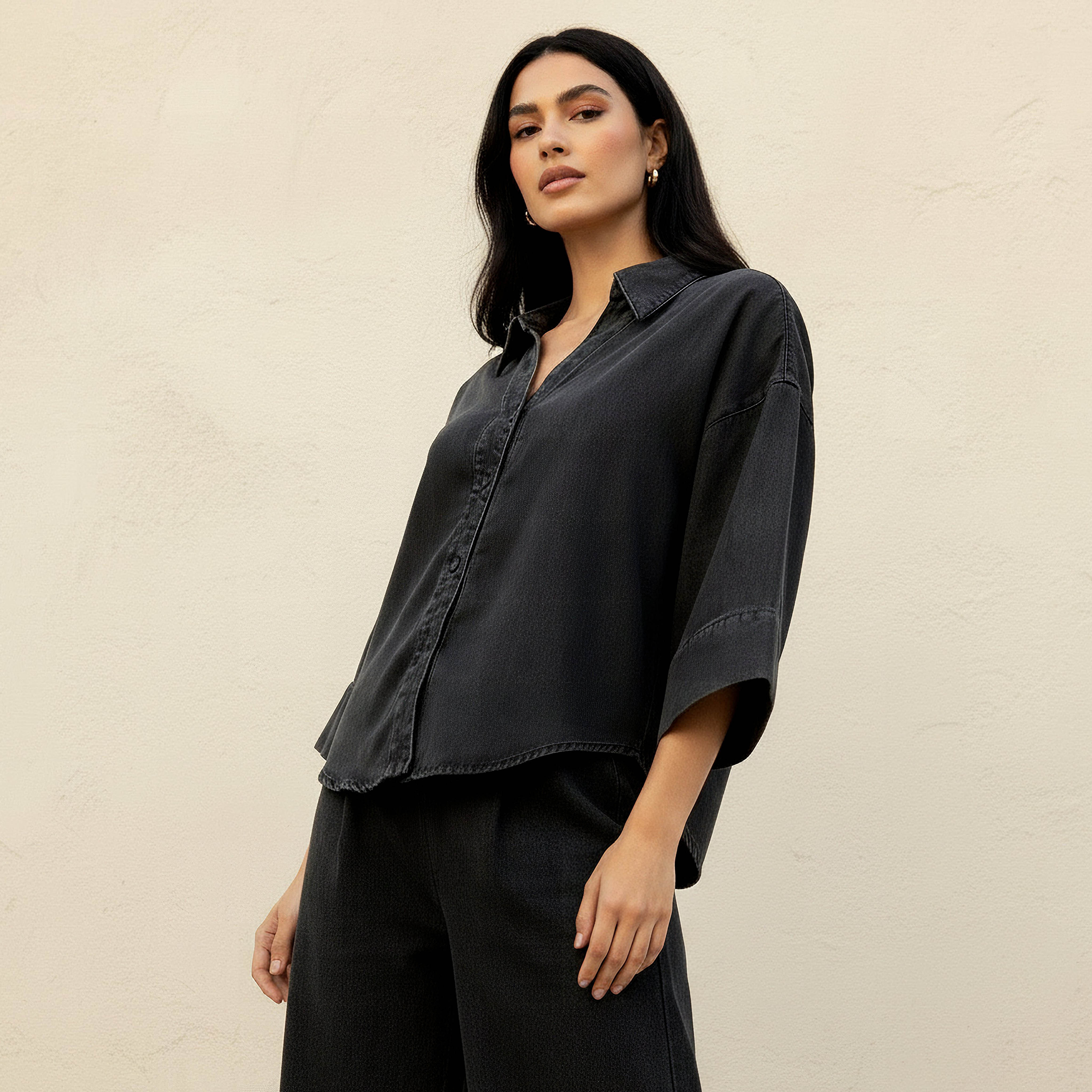Cotton Denim Shirt with 3/4 Sleeves-women-clothing-shirtsandblouses-shirts-image-1