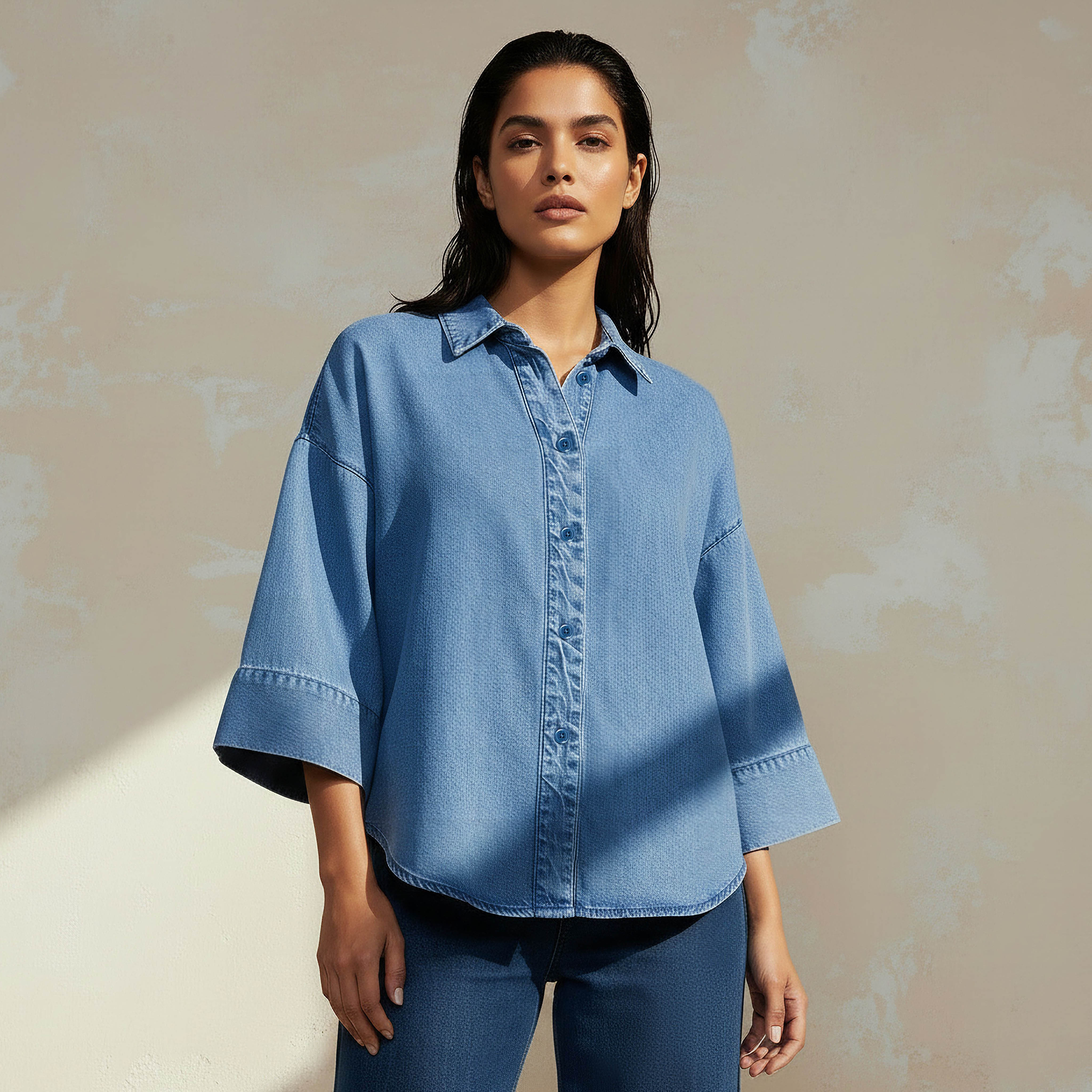 Cotton Denim Shirt with 3/4 Sleeves-women-clothing-shirtsandblouses-shirts-image-1