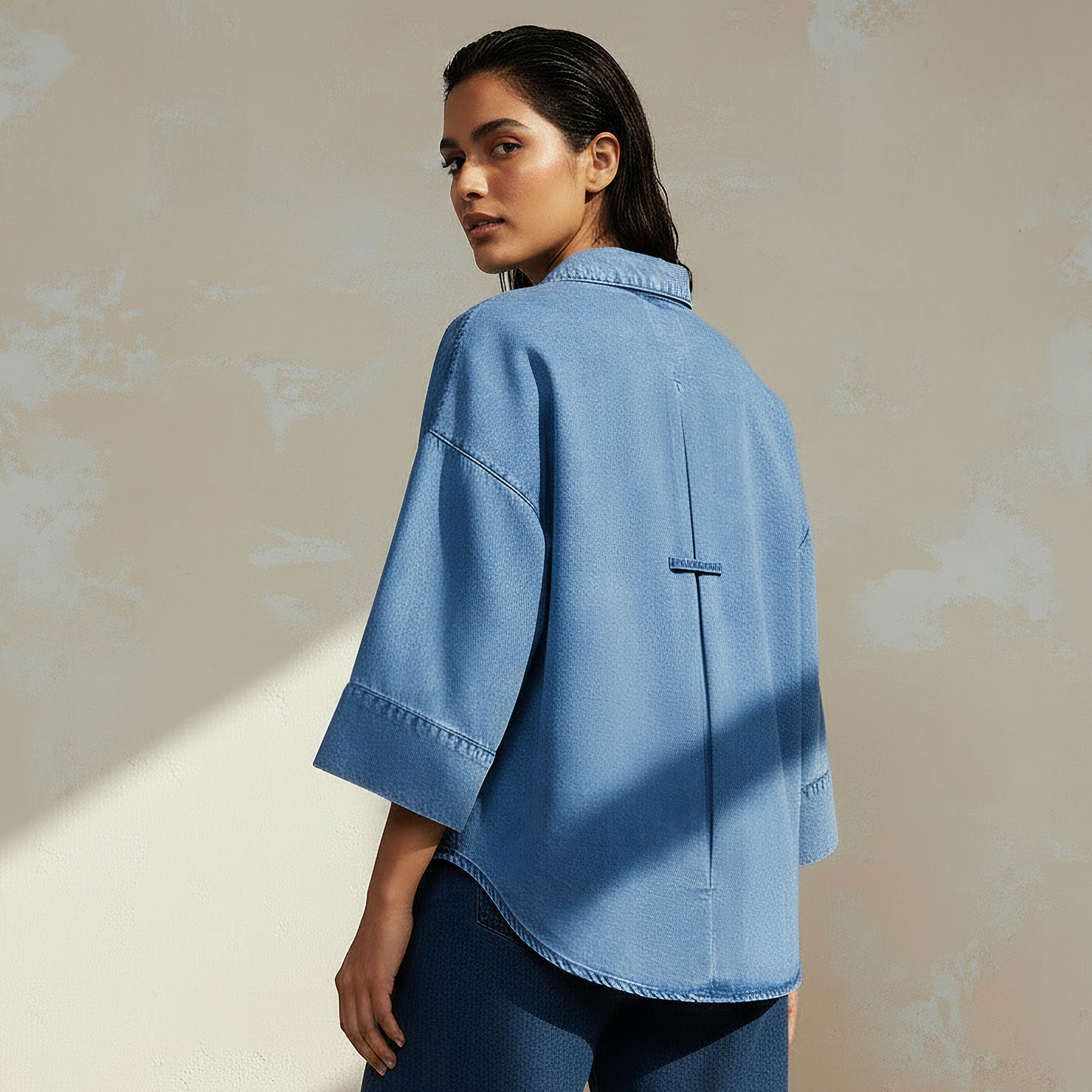 Cotton Denim Shirt with 3/4 Sleeves-women-clothing-shirtsandblouses-shirts-image-4