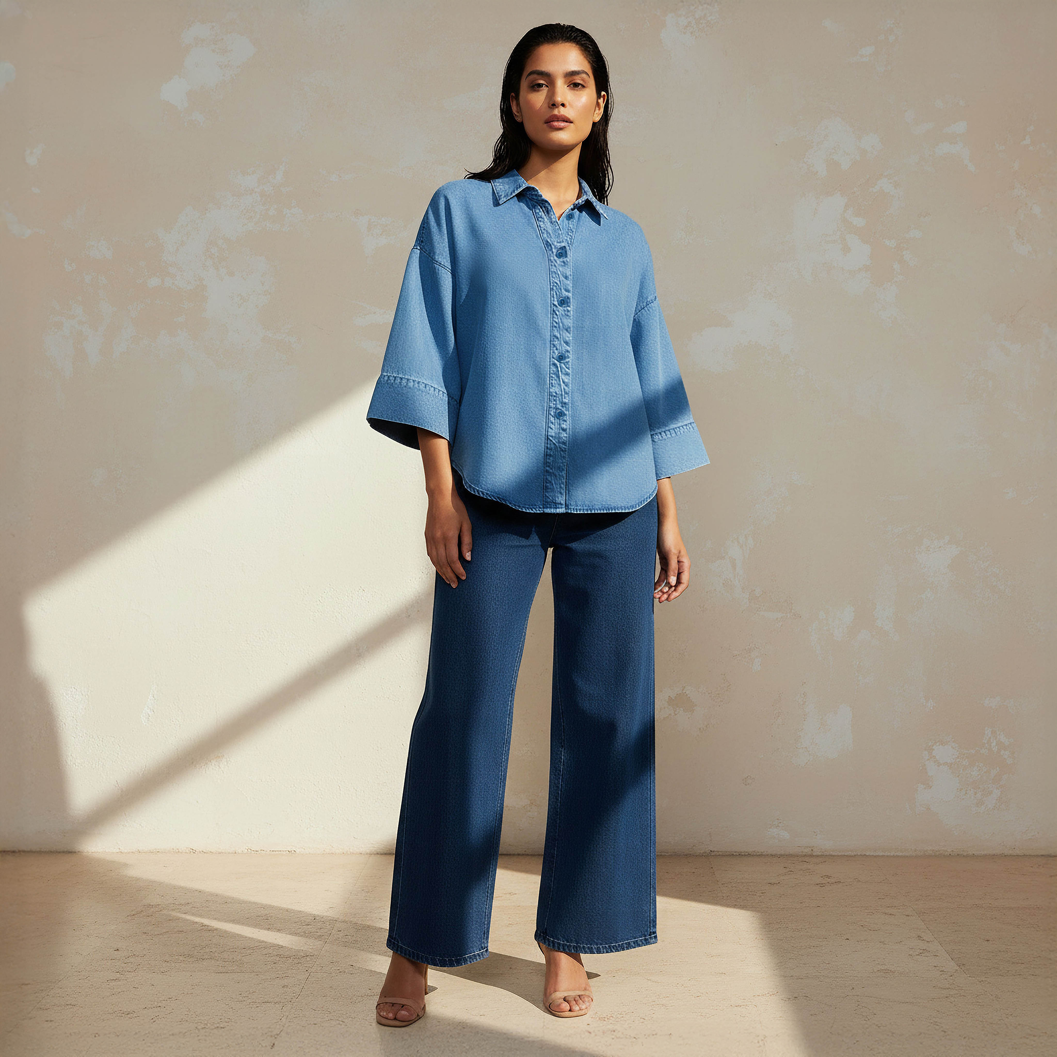 Cotton Denim Shirt with 3/4 Sleeves-women-clothing-shirtsandblouses-shirts-image-5