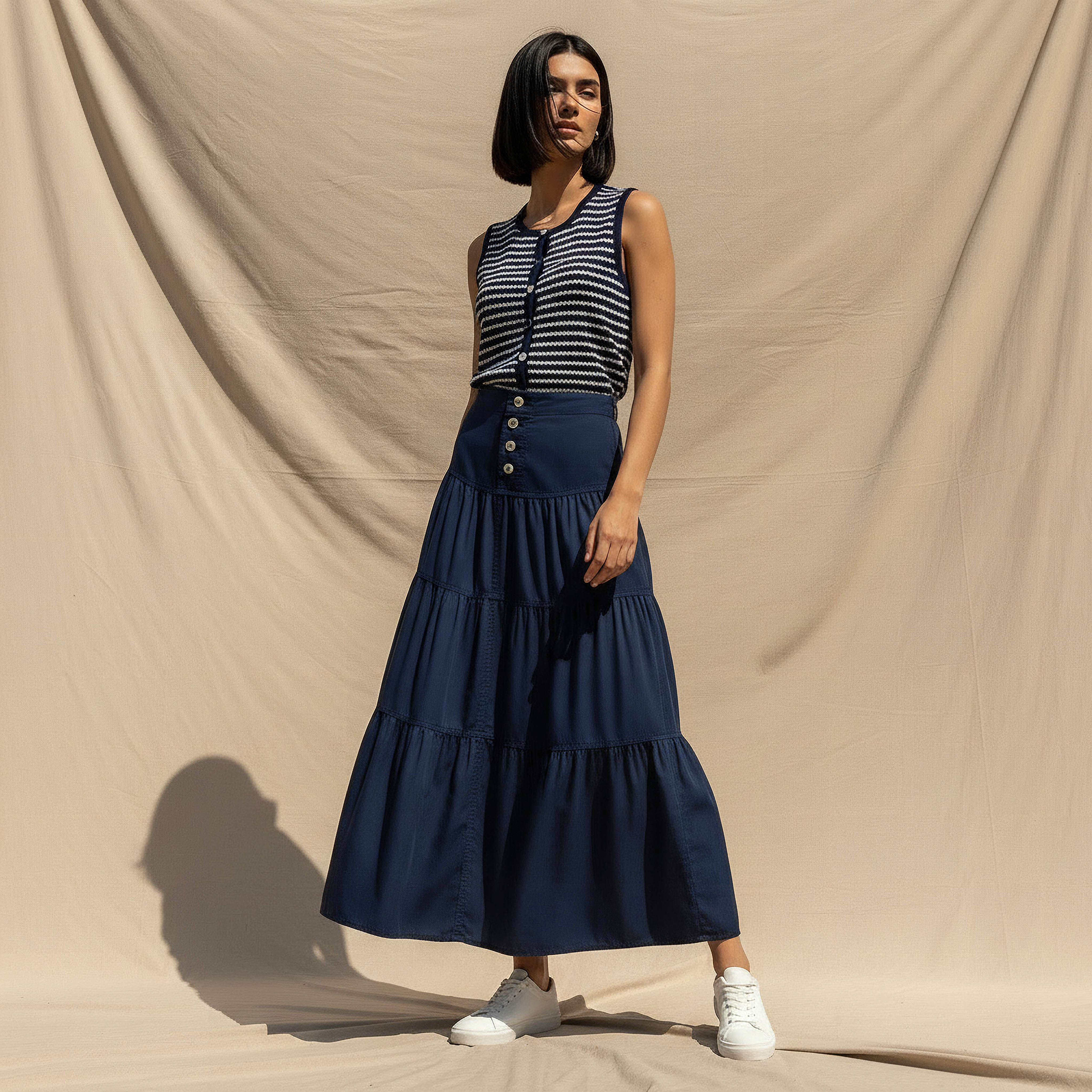 Maxi Length Cotton Tiered Skirt with Button Detail-women-clothing-bottoms-skirts-image-5