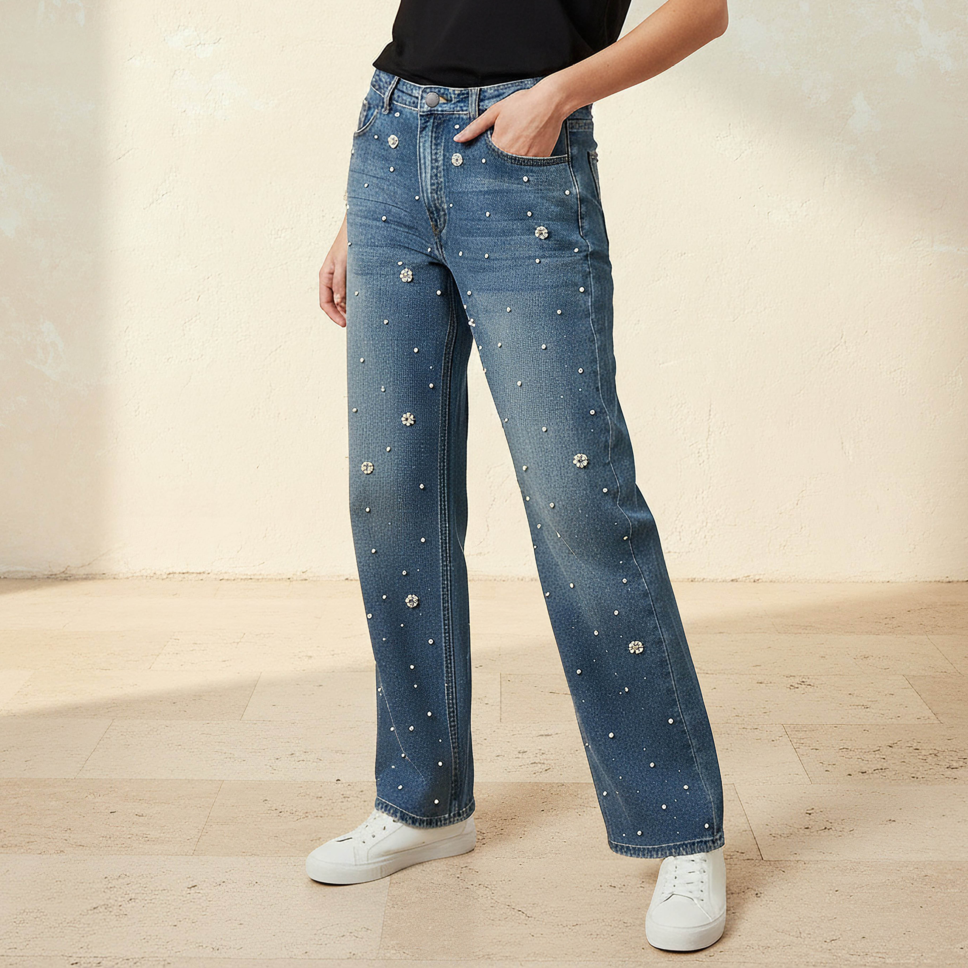 Straight Fit Mid Rise Jeans with Pearl Embellishments-women-clothing-bottoms-jeans-image-1