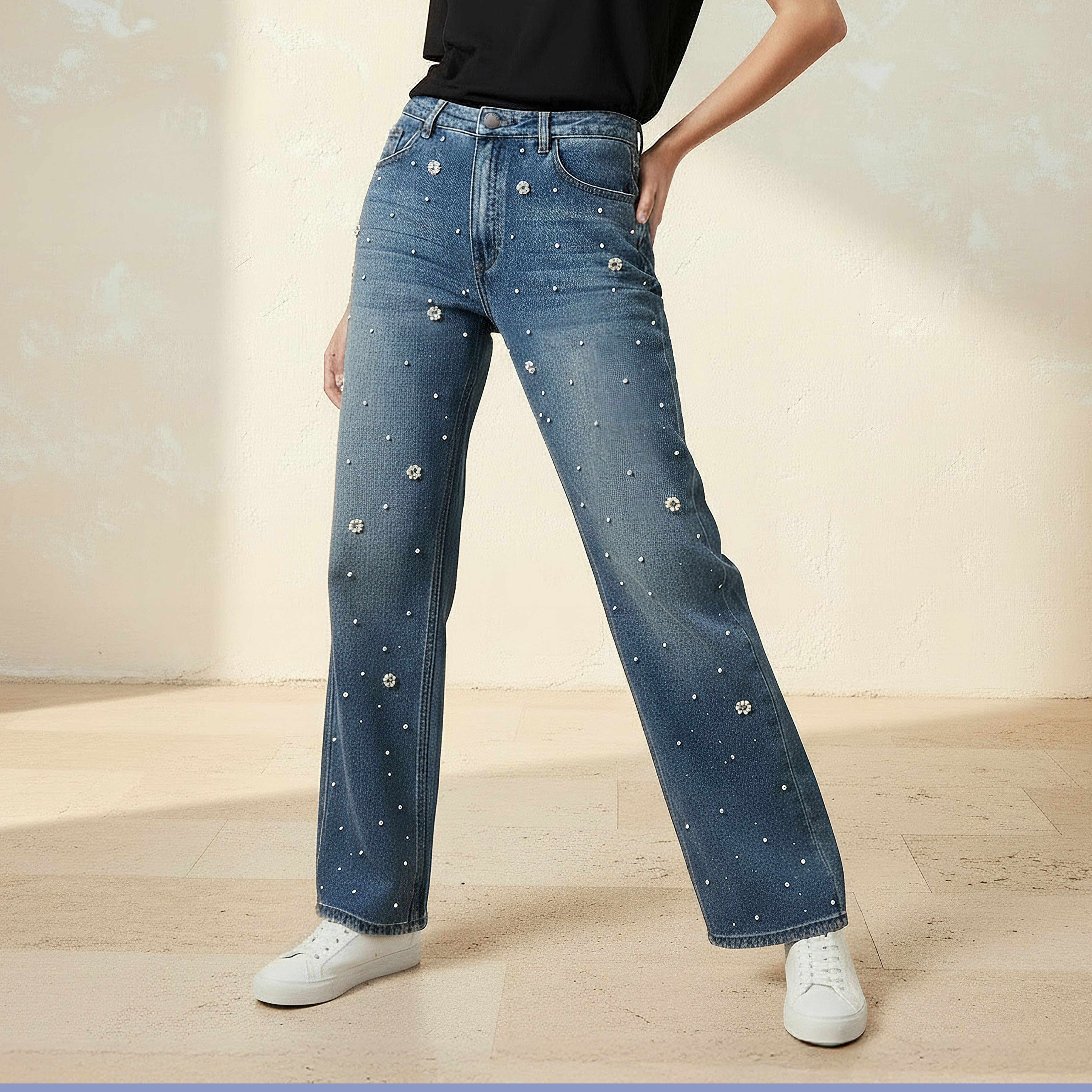 Straight Fit Mid Rise Jeans with Pearl Embellishments-women-clothing-bottoms-jeans-image-5