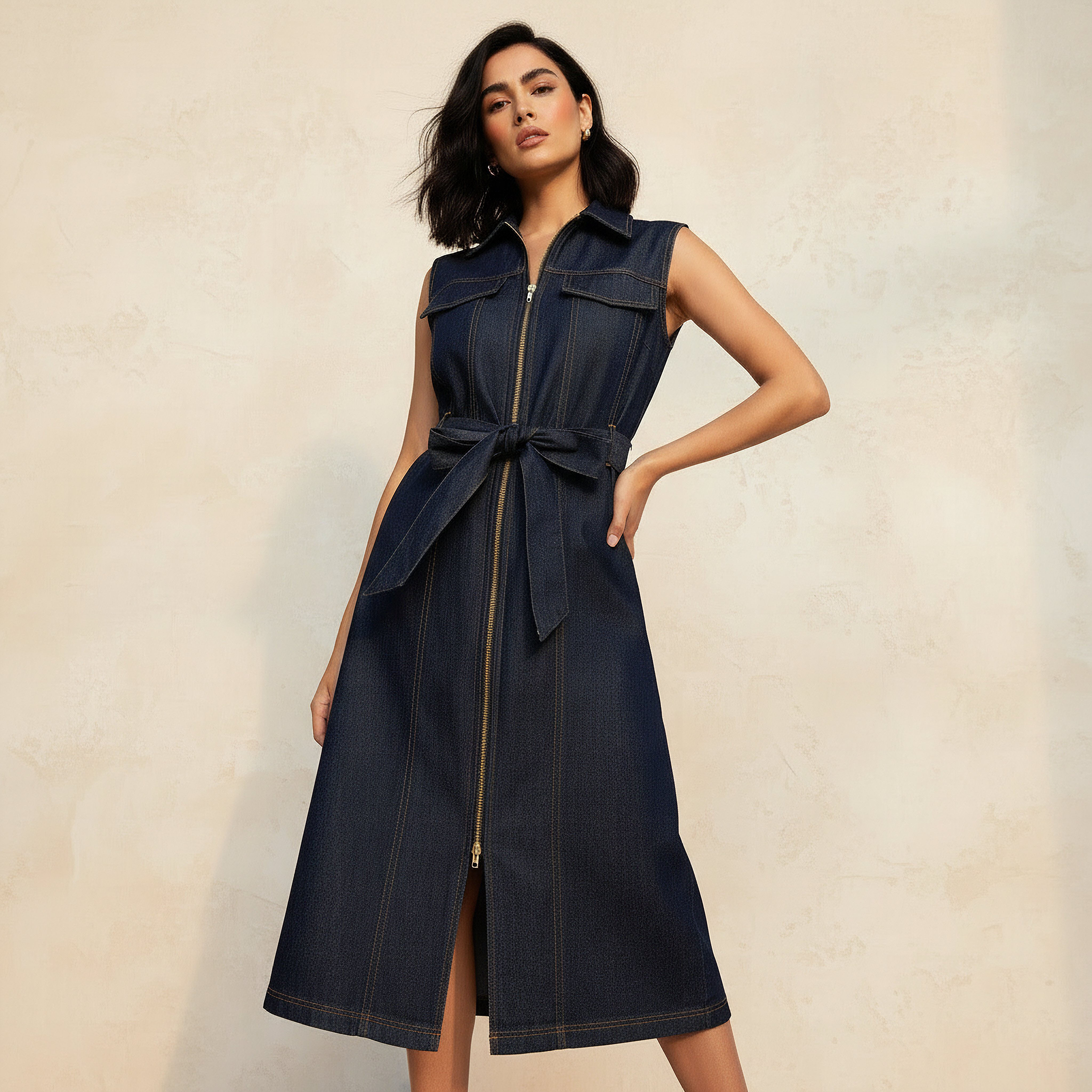 Sleeveless Midi Denim Dress with Zip Closure-women-clothing-dresses-image-1