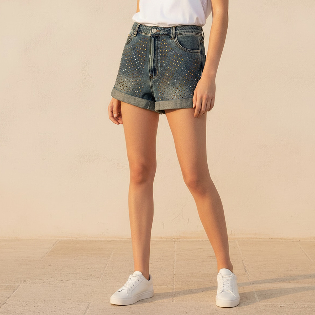 Mid-Rise Studded Denim Shorts Rolled-Up Hem-women-clothing-shorts-image-1