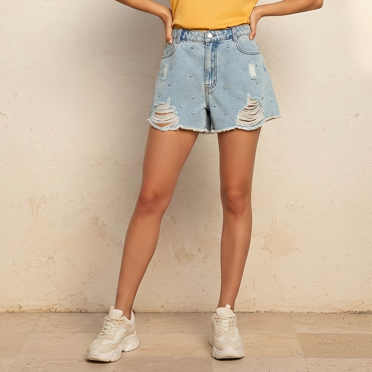 شورت جينز مرصع بخصر متوسط-women-clothing-shorts-image-1