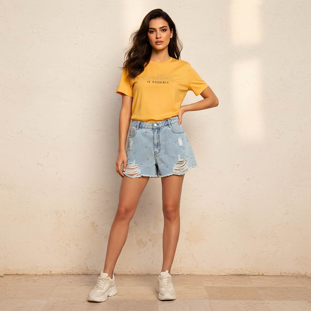شورت جينز مرصع بخصر متوسط-women-clothing-shorts-image-3