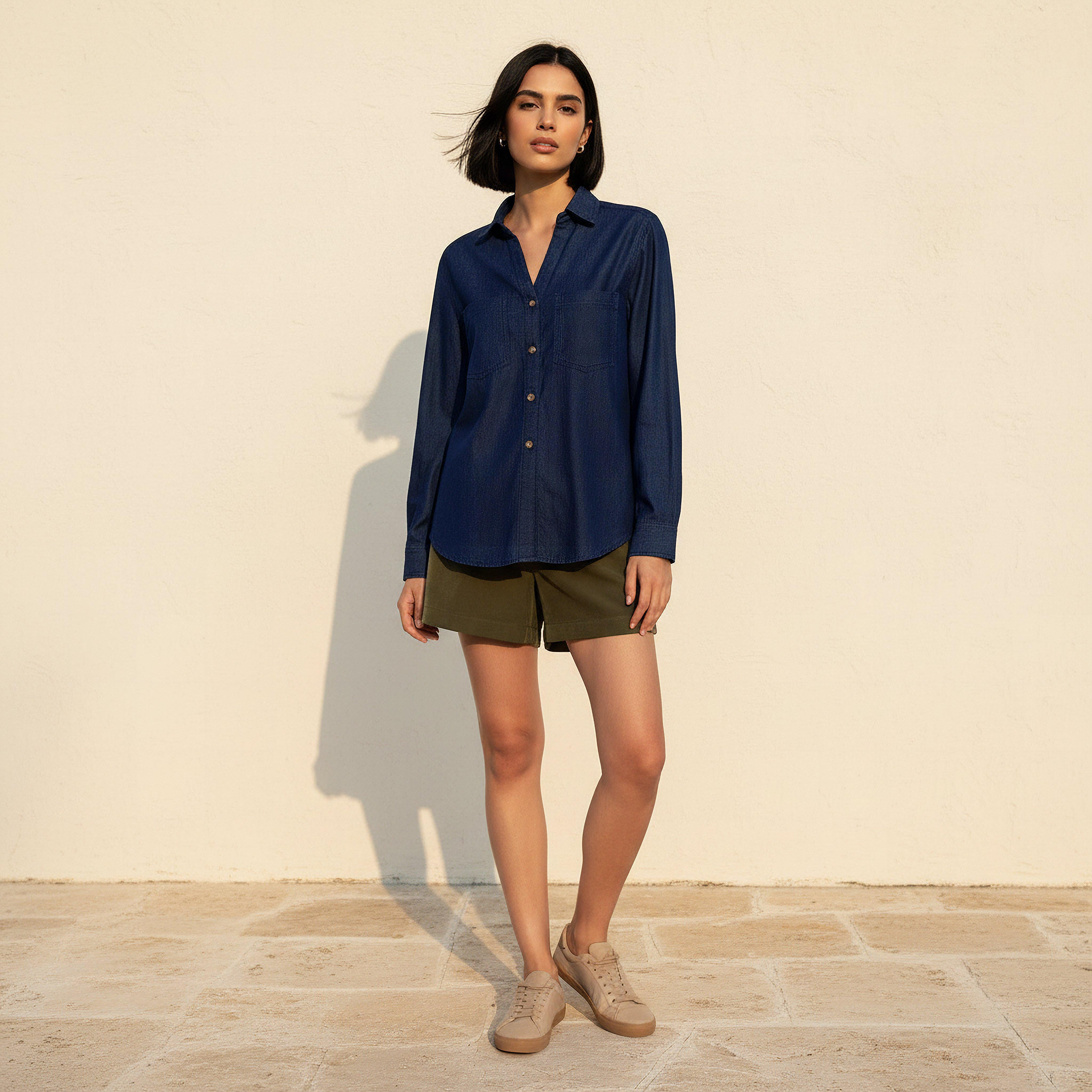 Cotton Denim Shirt with V-neck-women-clothing-shirtsandblouses-shirts-image-3