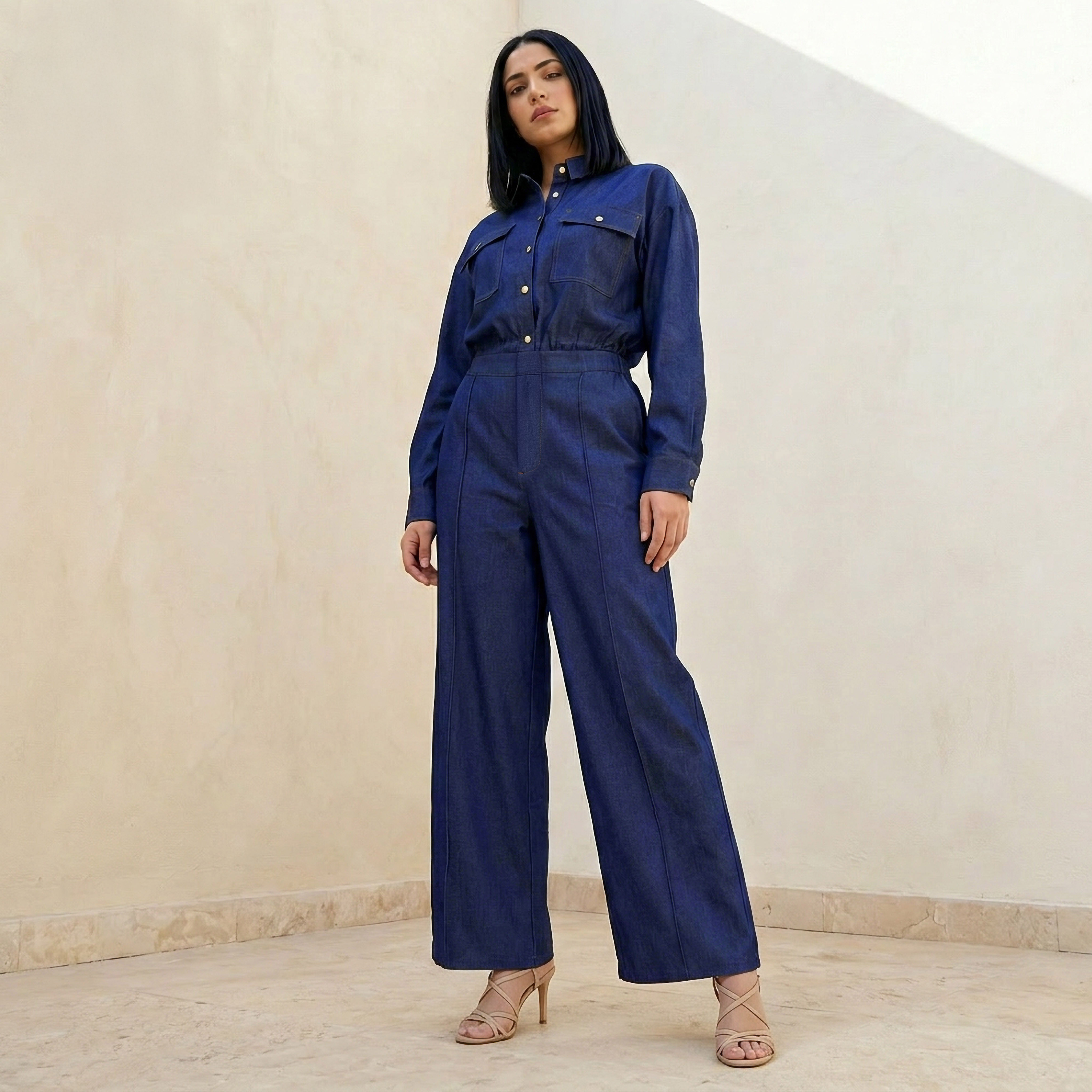 Baggy Fit Mid-Rise Pleated Denim Trousers-women-clothing-coordsets-image-3