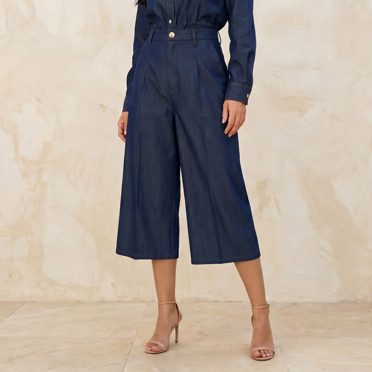 Mid-Rise Denim Pleated Wide Leg Culottes-women-clothing-bottoms-trousers-image-1