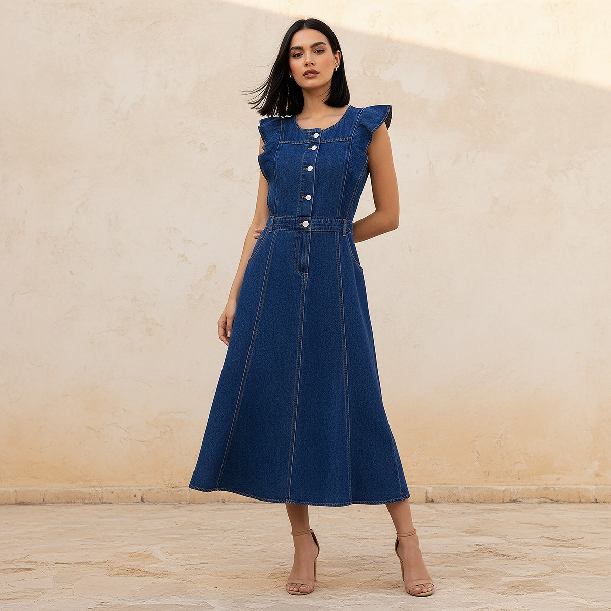 A-line Midi Cotton Denim Dress with Ruffle Detail-women-clothing-dresses-image-1