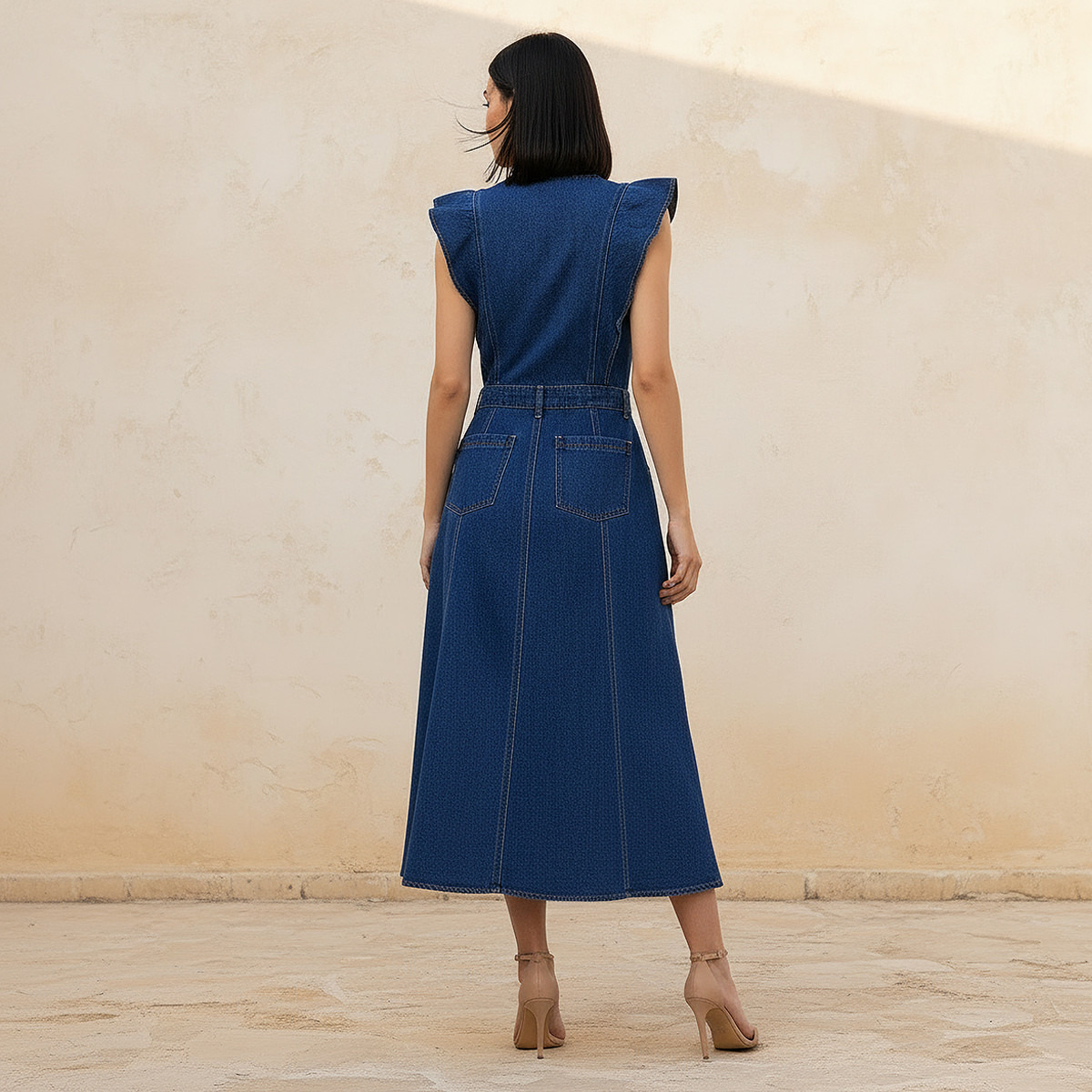 A-line Midi Cotton Denim Dress with Ruffle Detail-women-clothing-dresses-image-4