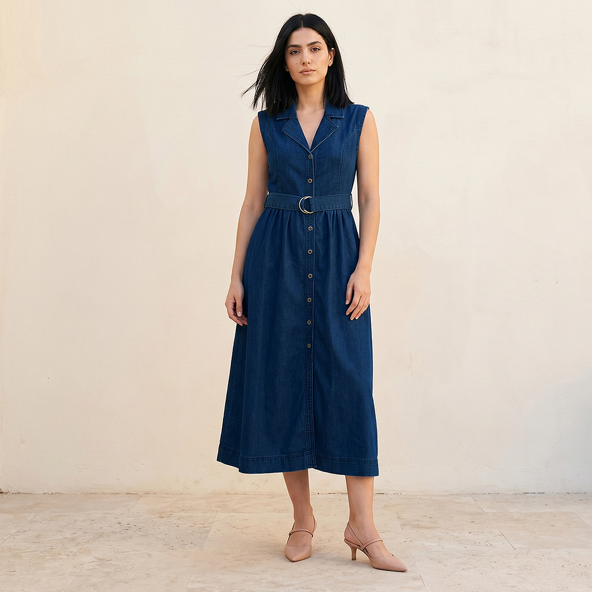 فستان قميص دينم ميدي بدون أكمام مع حزام-women-clothing-dresses-image-1