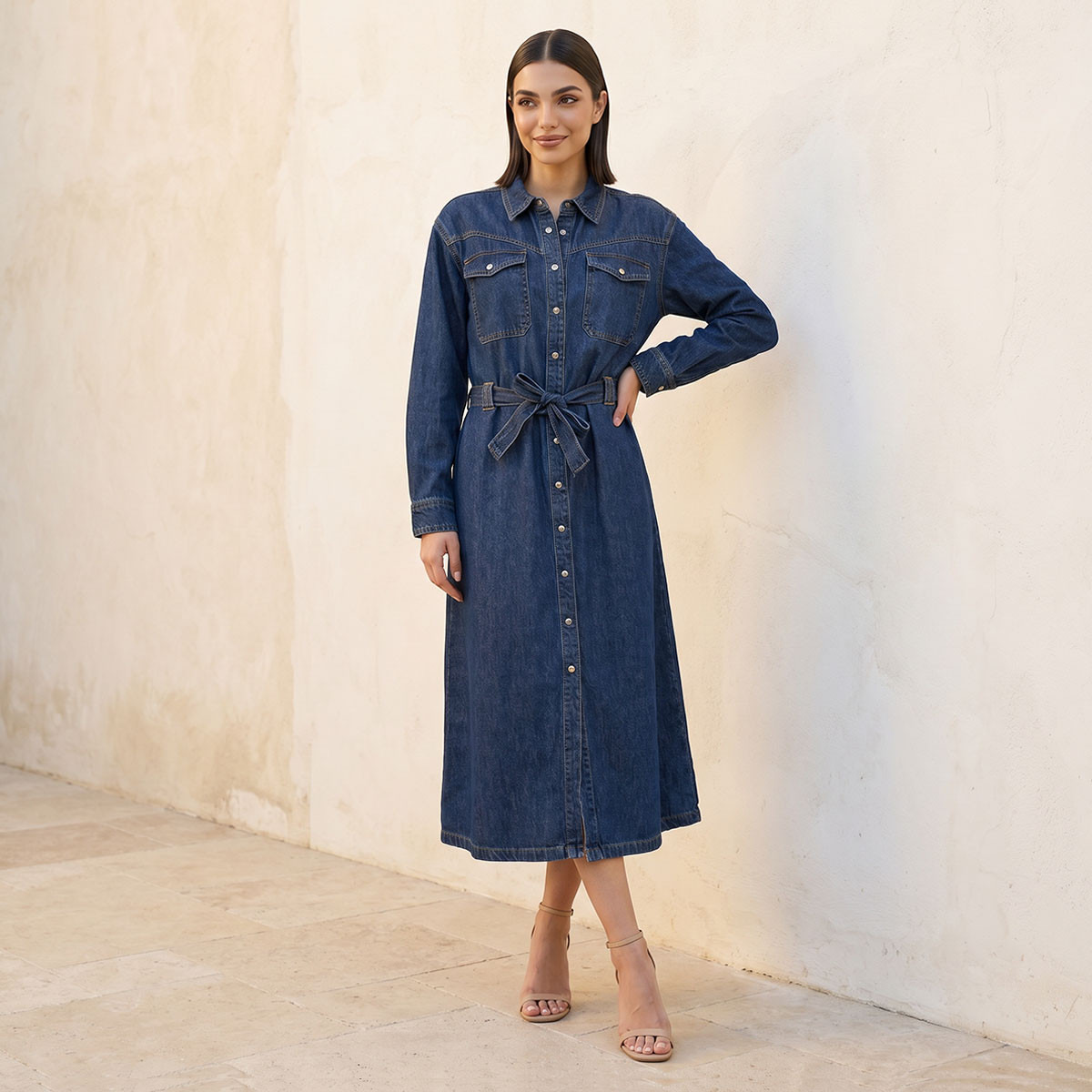 Splash Denim Shirt Midi Length Cotton Dress with Belt-women-clothing-dresses-image-1
