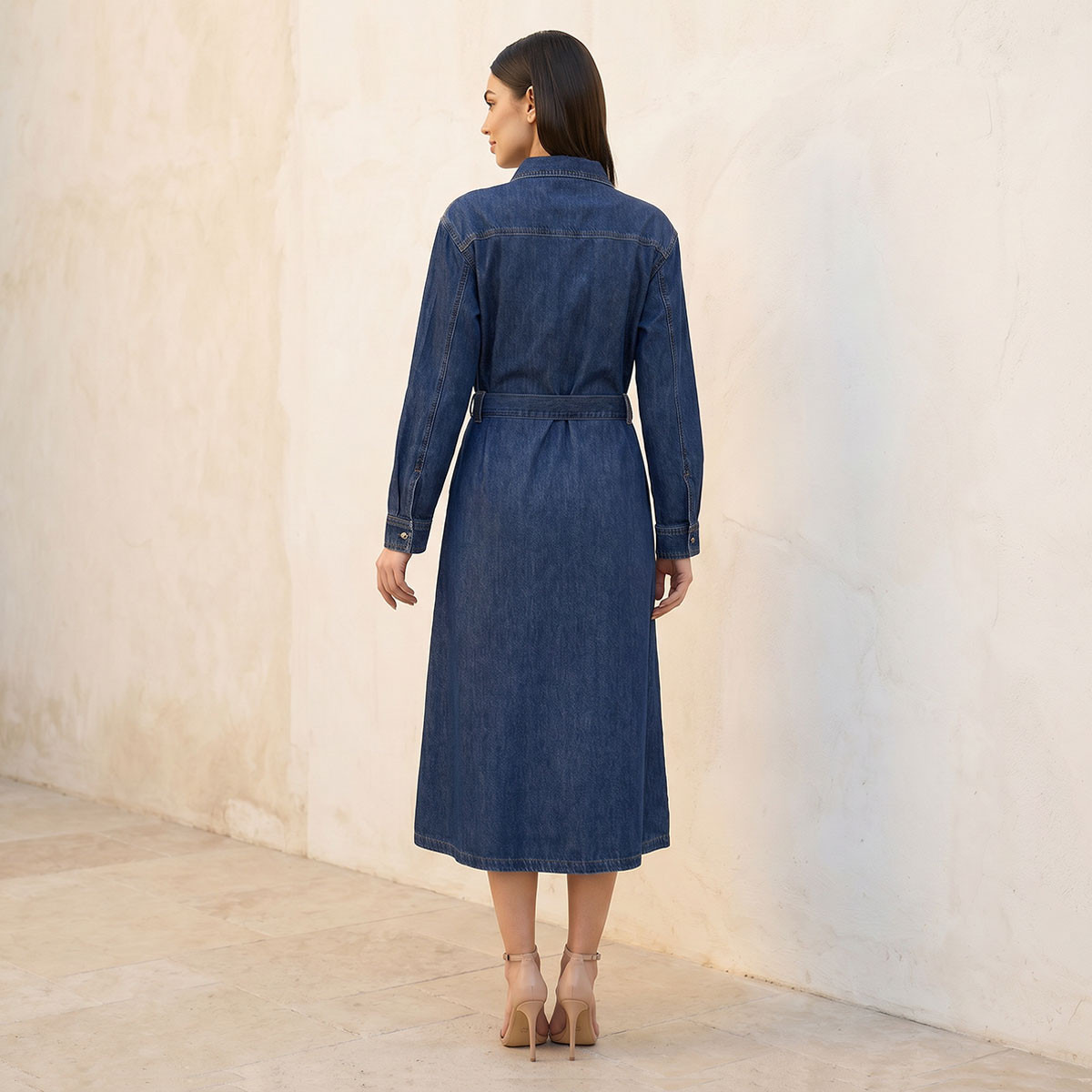 Splash Denim Shirt Midi Length Cotton Dress with Belt-women-clothing-dresses-image-3