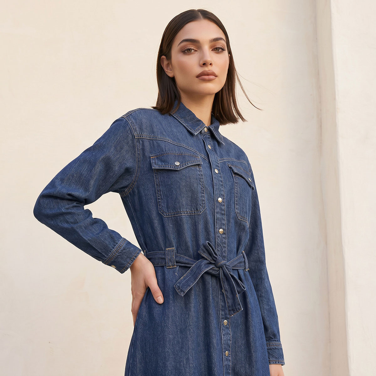 فستان قطن ميدي دينم بحزام خصر من سبلاش-women-clothing-dresses-image-5