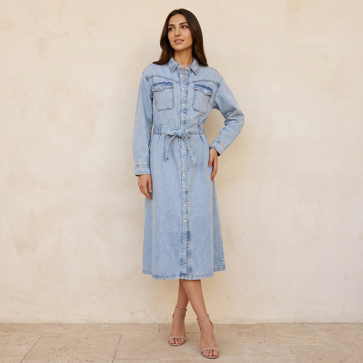 Splash Denim Shirt Midi Length Cotton Dress with Belt-women-clothing-dresses-image-1