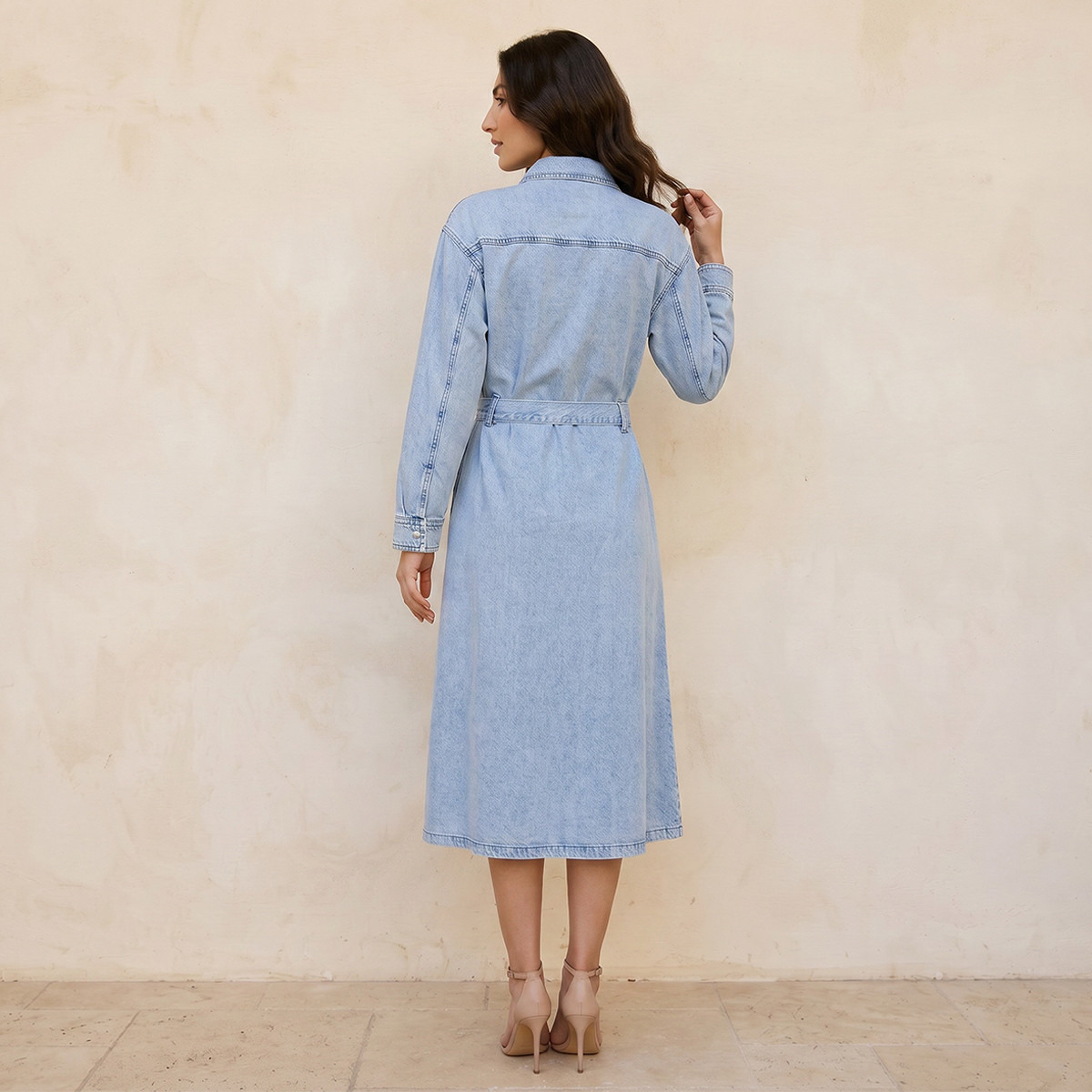 Splash Denim Shirt Midi Length Cotton Dress with Belt-women-clothing-dresses-image-3