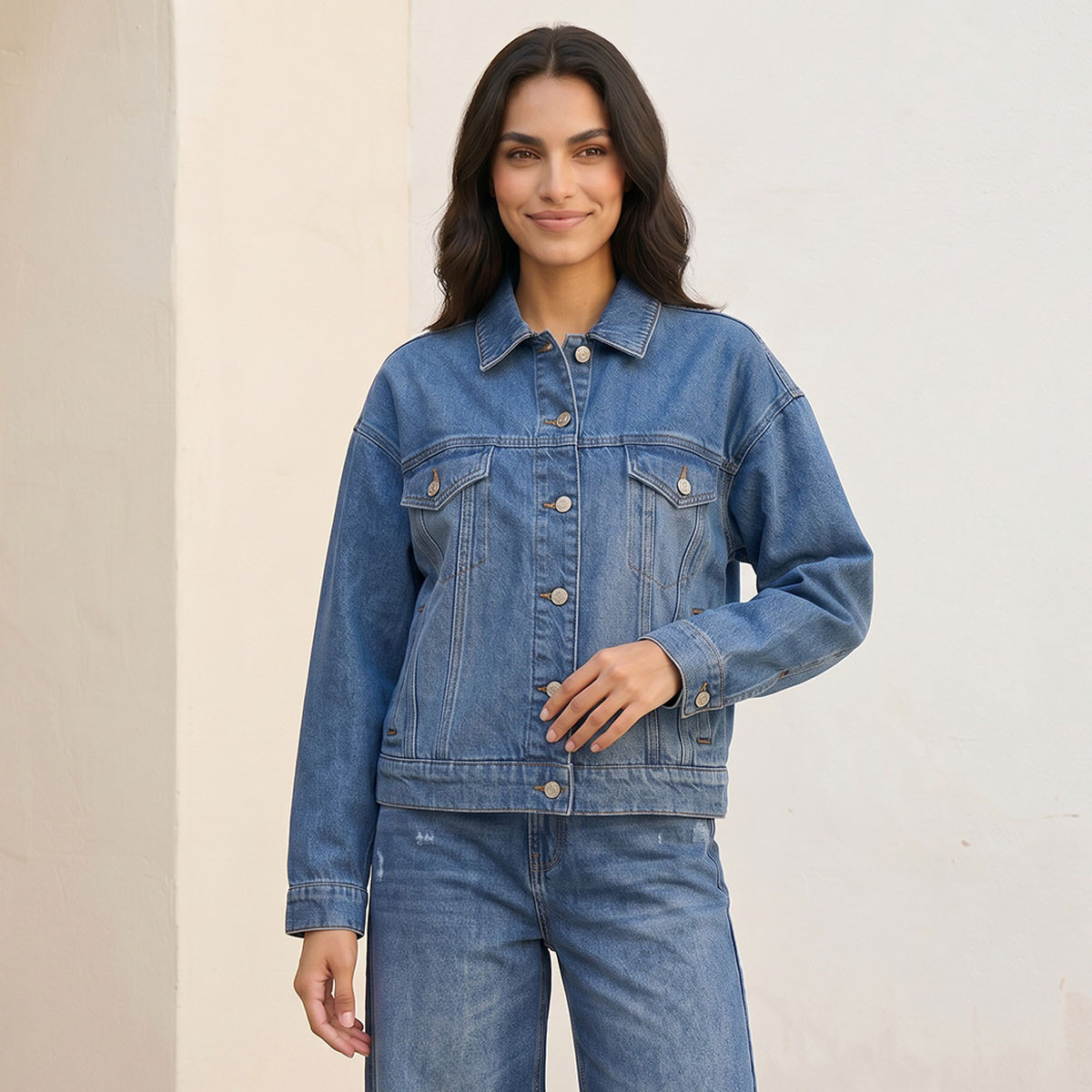 Splash Denim Denim Trucker Jacket with Chest Pockets-women-winterwear-coatsandjackets-jackets-image-1