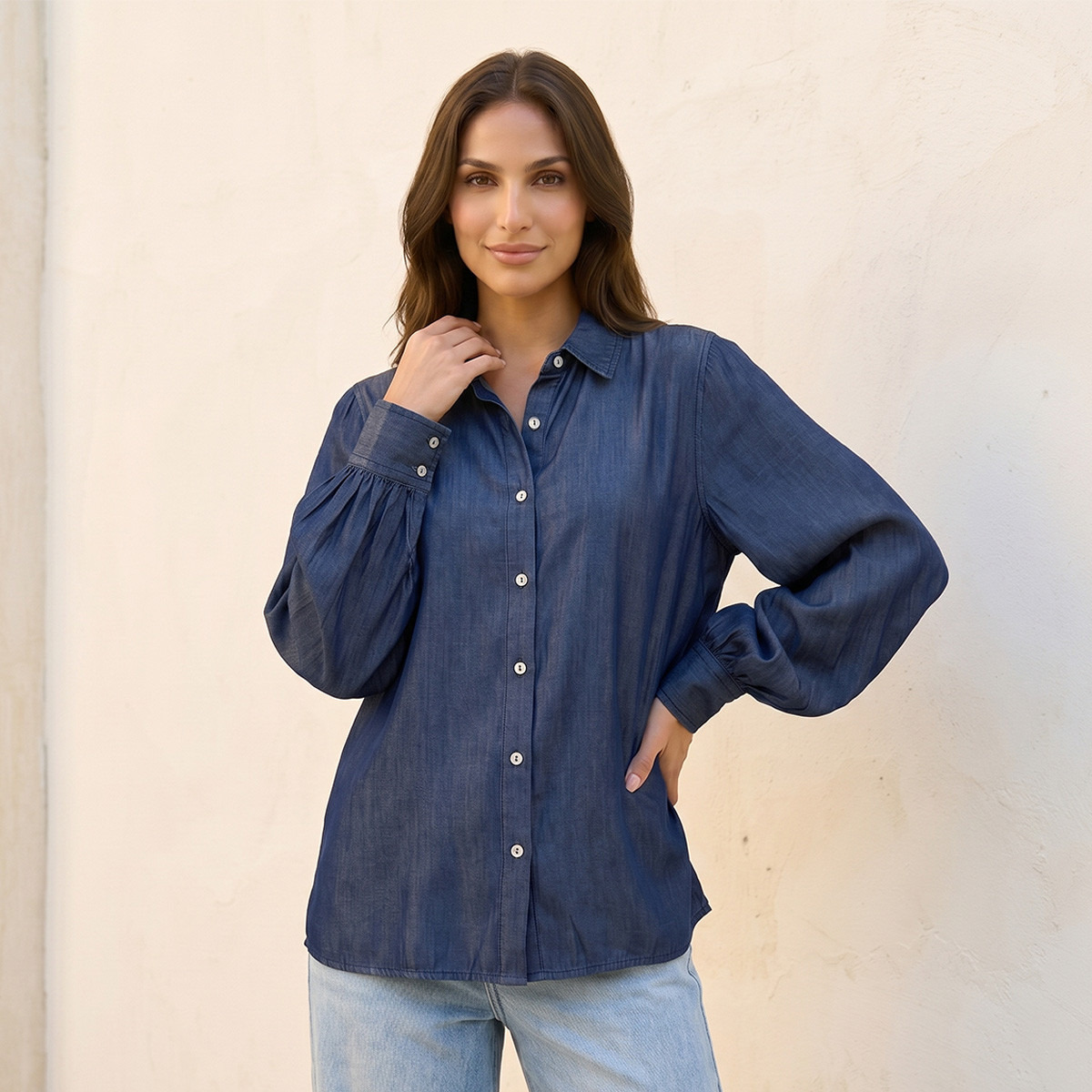 قميص دنيم ليوسيل بأكمام بيشوب من سبلاش-women-clothing-shirtsandblouses-shirts-image-1