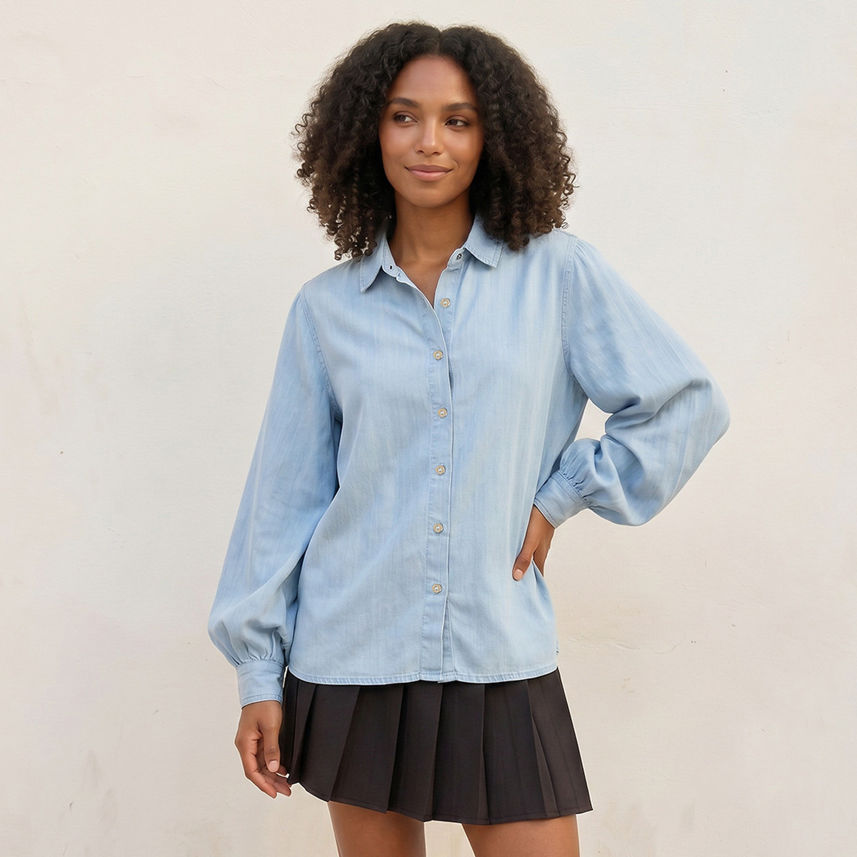 Splash Denim Lyocell Shirt Bishop Sleeves-women-clothing-shirtsandblouses-shirts-image-5
