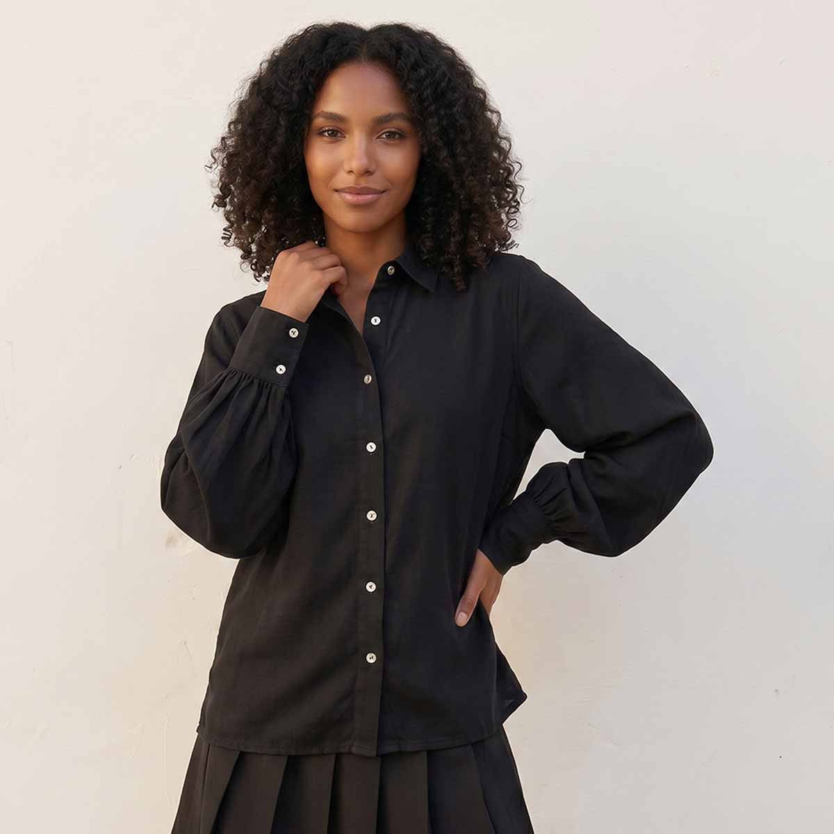 Splash Denim Lyocell Shirt Bishop Sleeves-women-clothing-shirtsandblouses-shirts-image-1