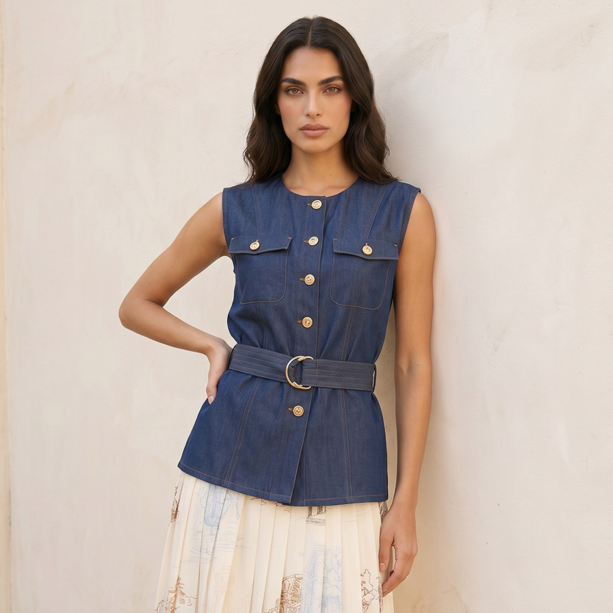 Splash Denim Cotton Top with Belt-women-clothing-shirtsandblouses-blouses-image-1