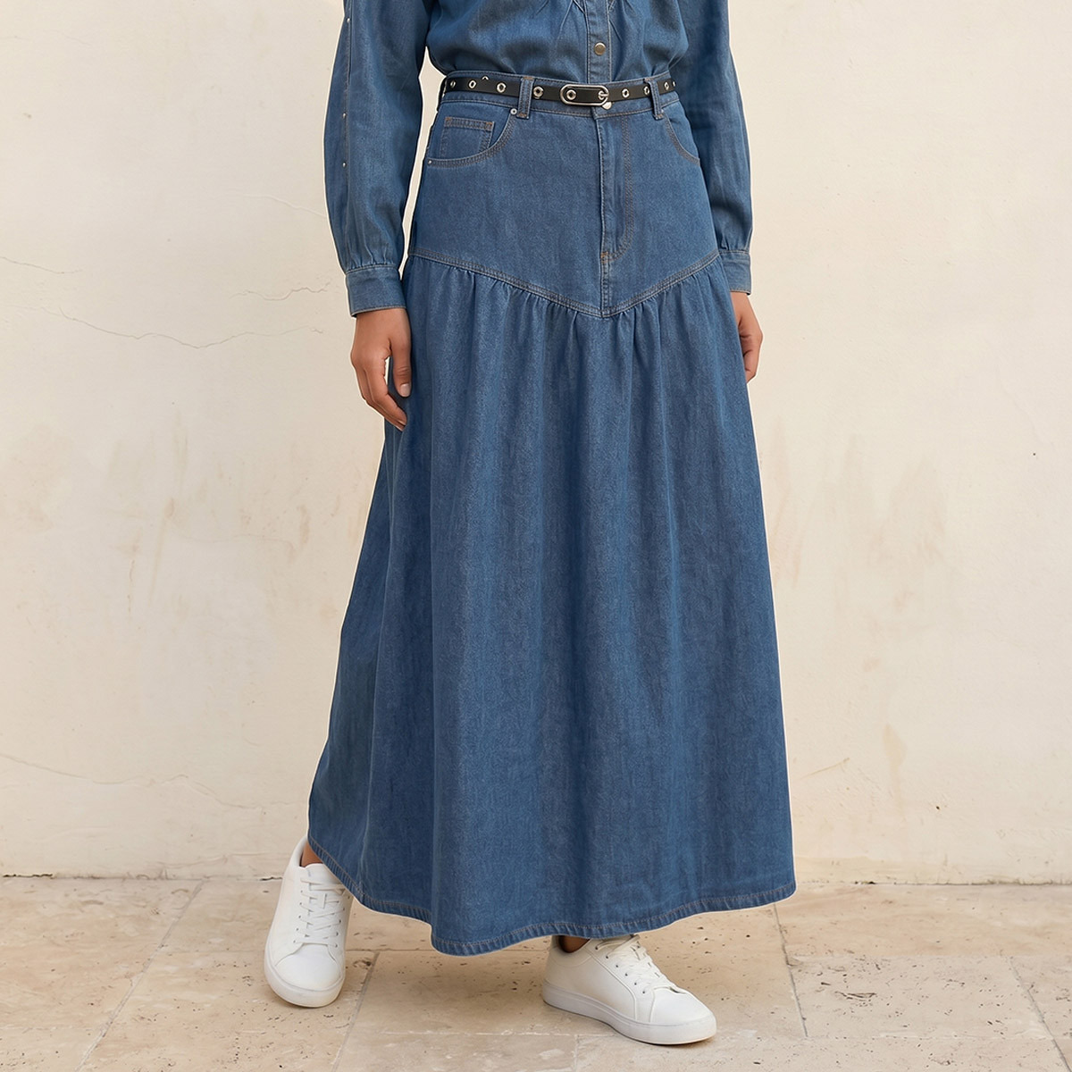 Splash Denim Maxi Skirt with Belted Yoke-women-clothing-skirts-image-1