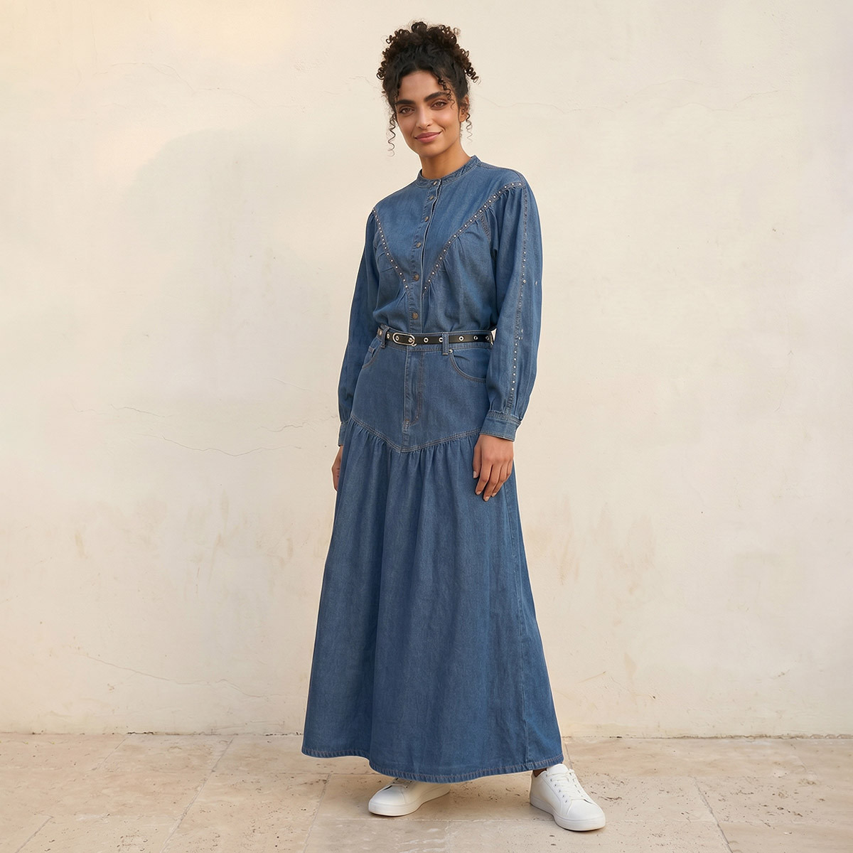 Splash Denim Maxi Skirt with Belted Yoke-women-clothing-skirts-image-3