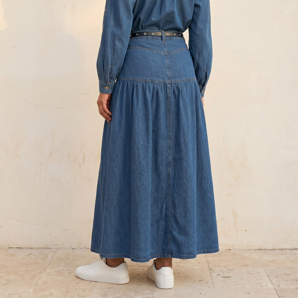 Splash Denim Maxi Skirt with Belted Yoke-women-clothing-skirts-image-4