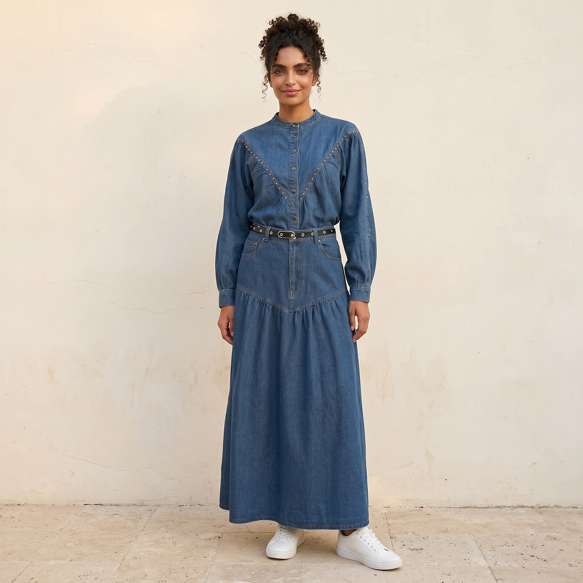 Splash Denim Maxi Skirt with Belted Yoke-women-clothing-skirts-image-5