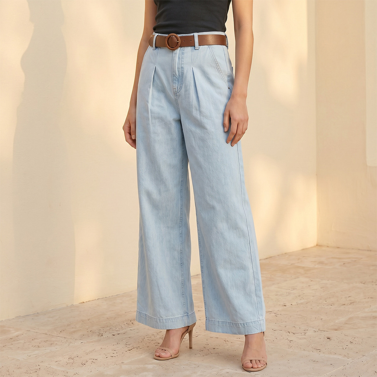 بنطلون جينز واسع الساقين بخصر مرن وحزام من سبلاش دينم-women-clothing-bottoms-jeans-image-1